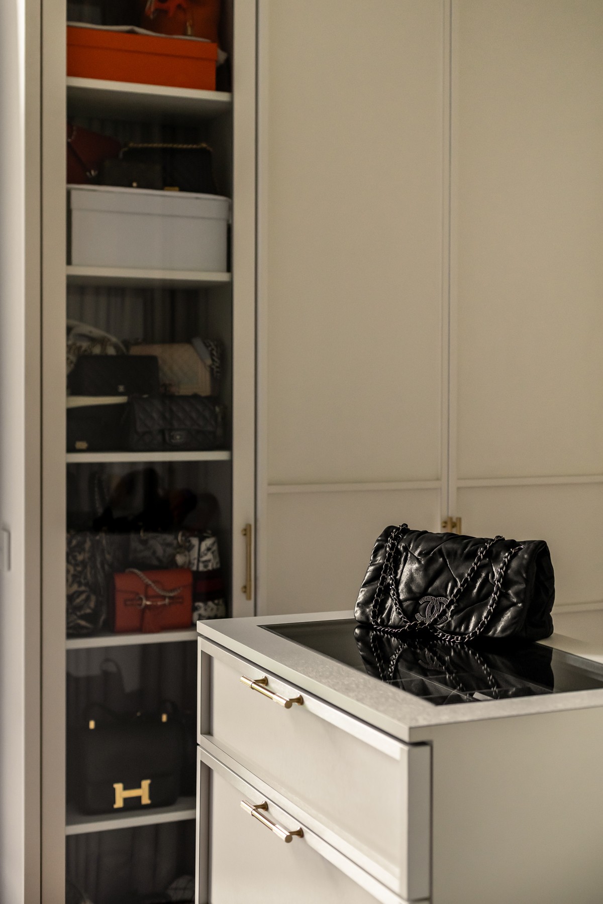 Contemporary Walk-in Wardrobe with Feature Wall and Wardrobe