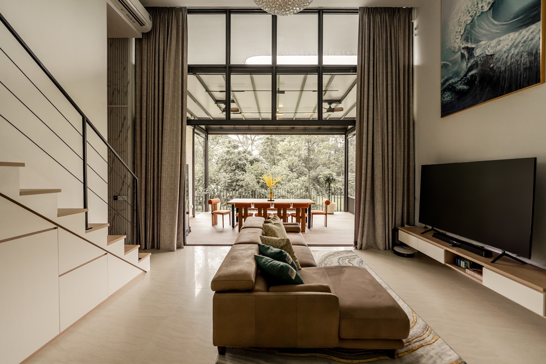 Contemporary Living Room with TV Console and Staircase