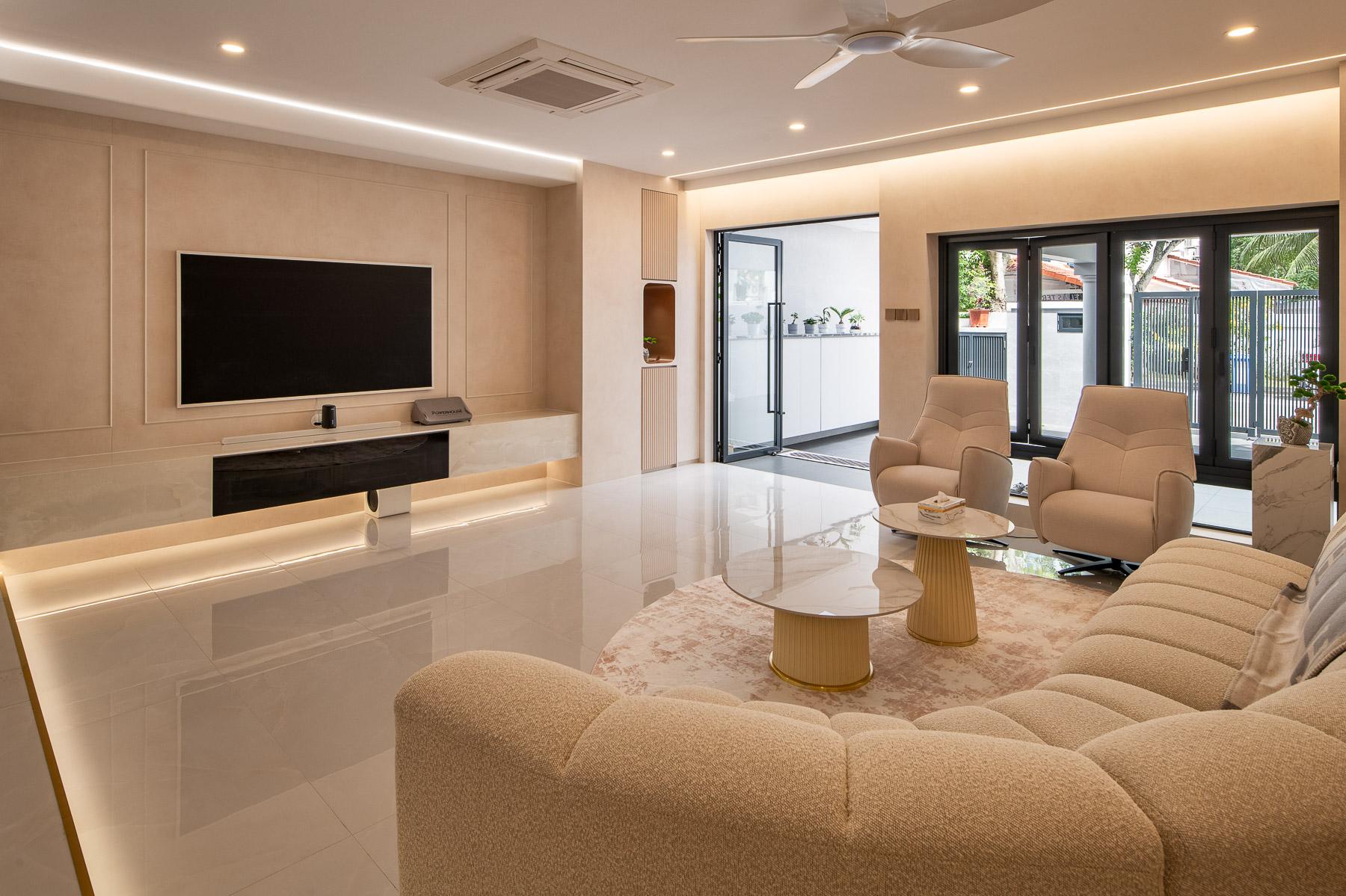 Contemporary Living Room with TV Console and Feature Wall