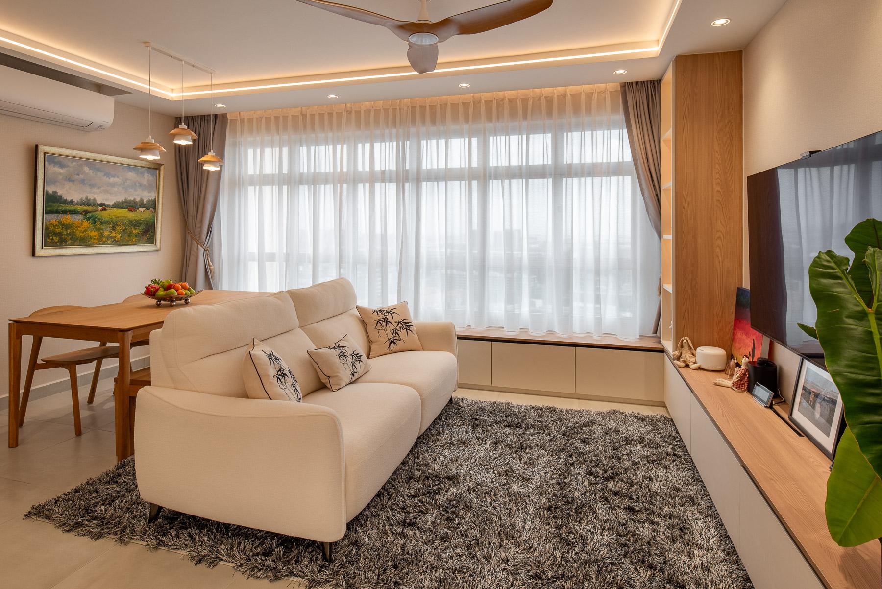 Scandinavian Living Room with Homogeneous Tiles and TV Console