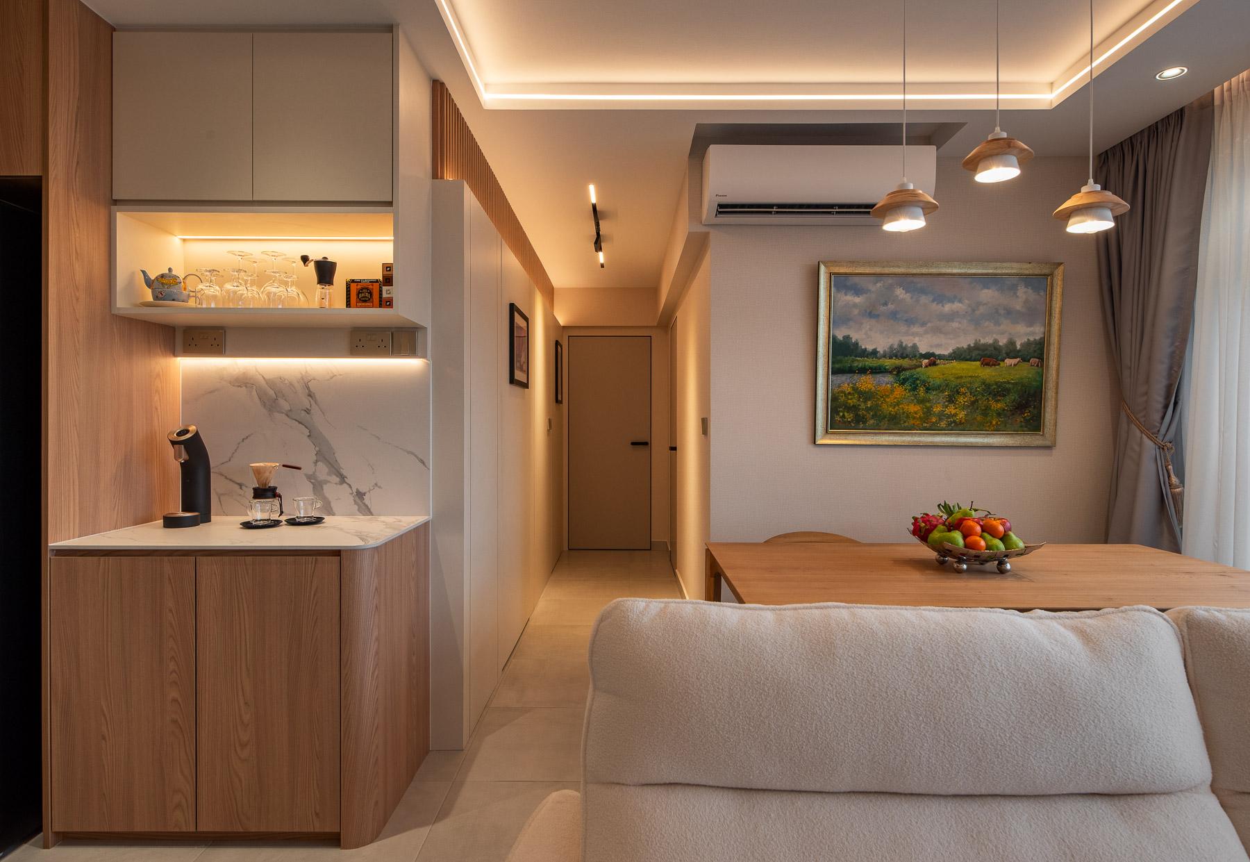 Scandinavian Living Room with Countertop and Feature Wall