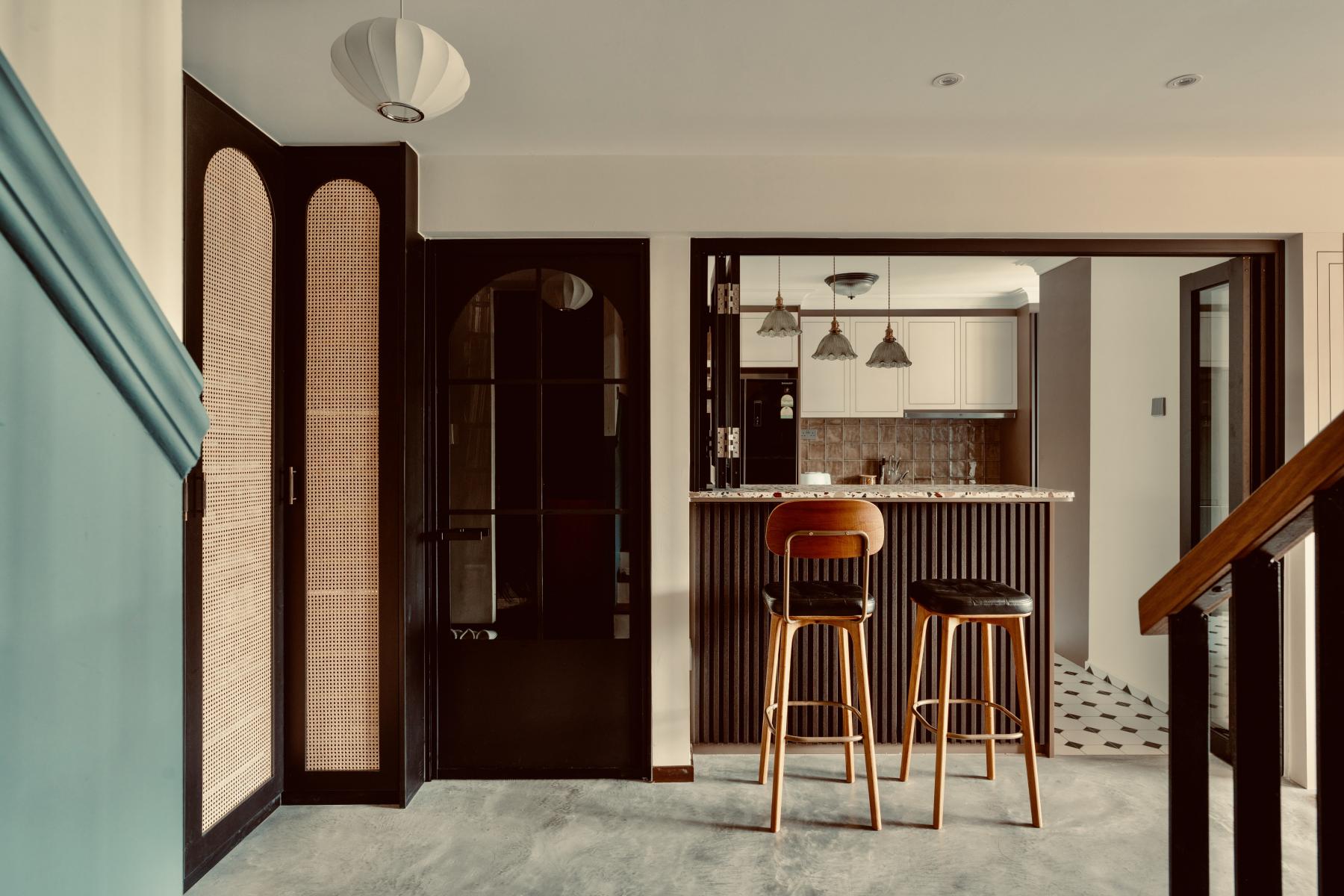 Vintage Entryway with Cement Floor and Bar Counter