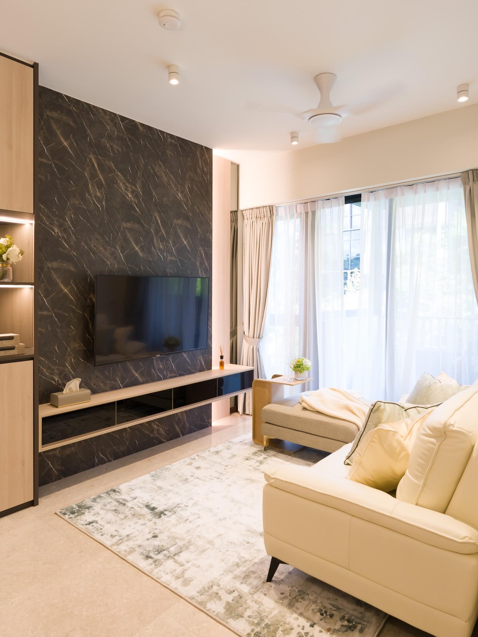 Modern Home Office with TV Console and Wallpaper