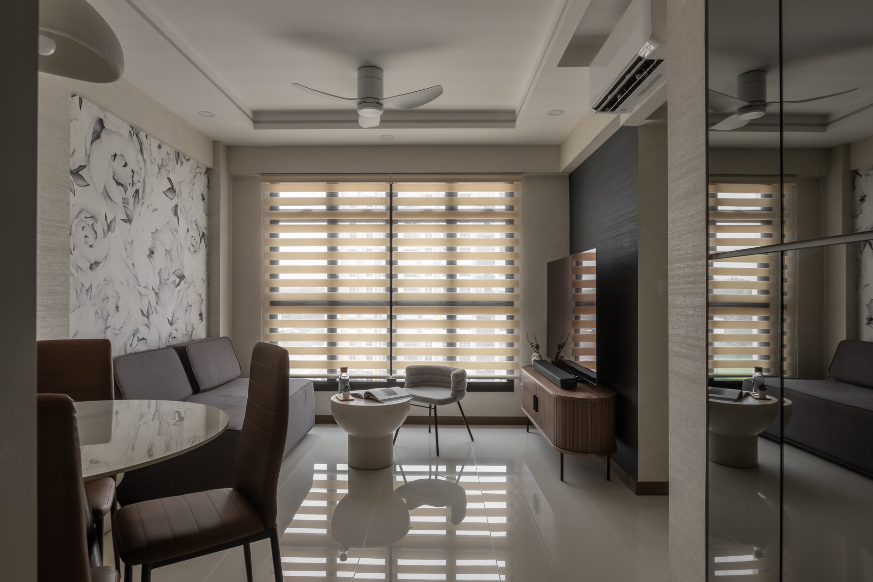 Contemporary Living Room with Feature Wall and Ceiling Fan