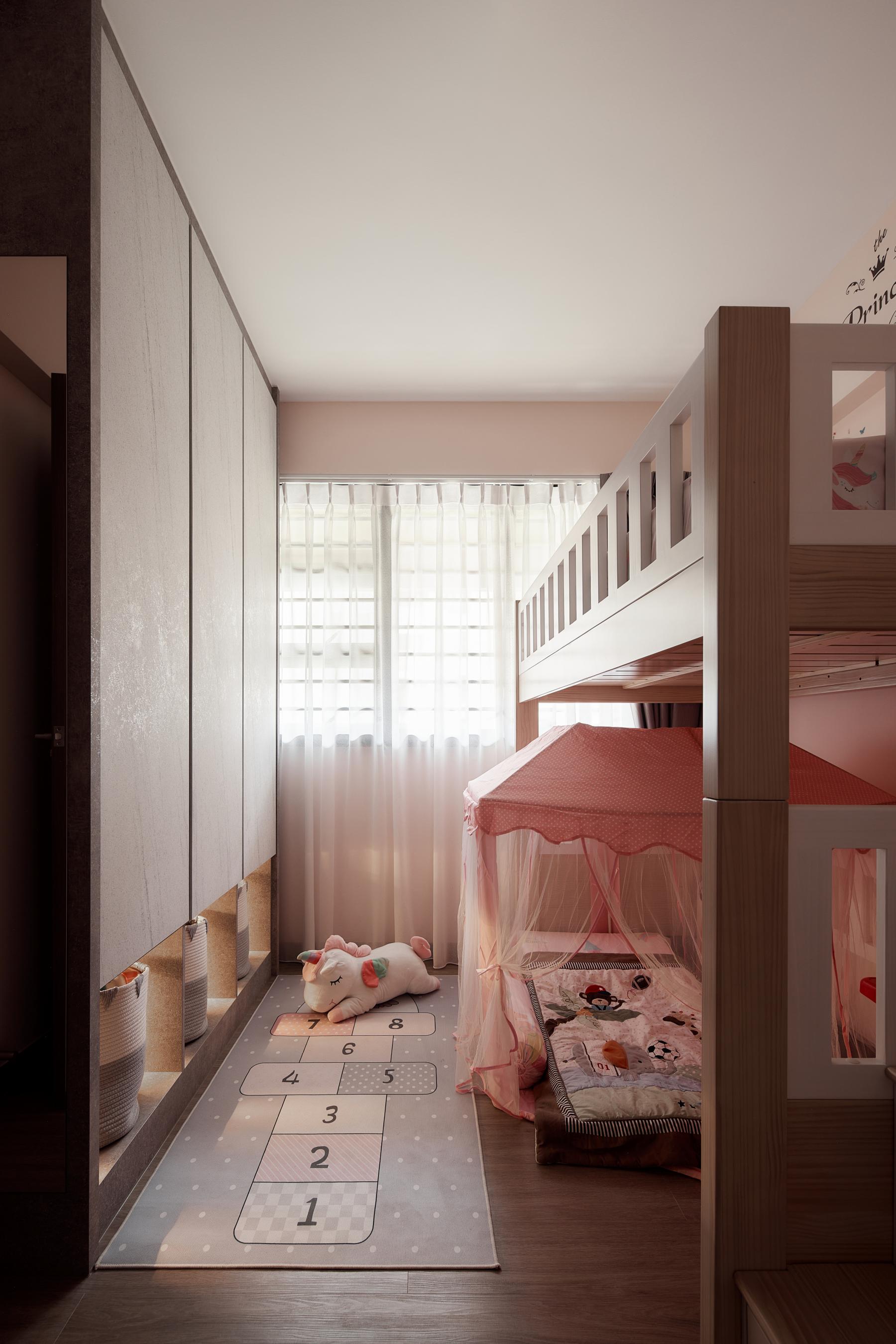 Scandinavian Kids Room with Platform Bed and Children's Storage