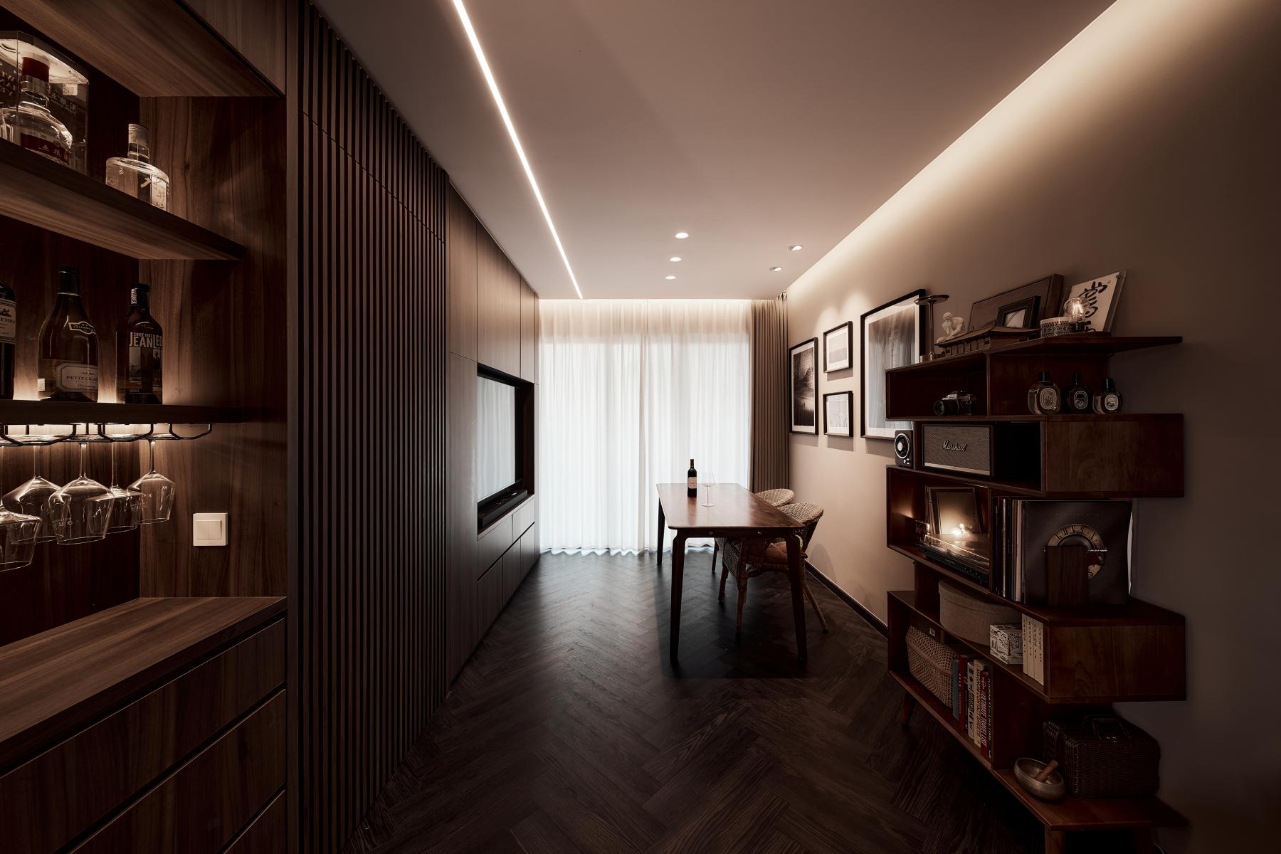 Contemporary Living Room with Bookshelf and TV Console