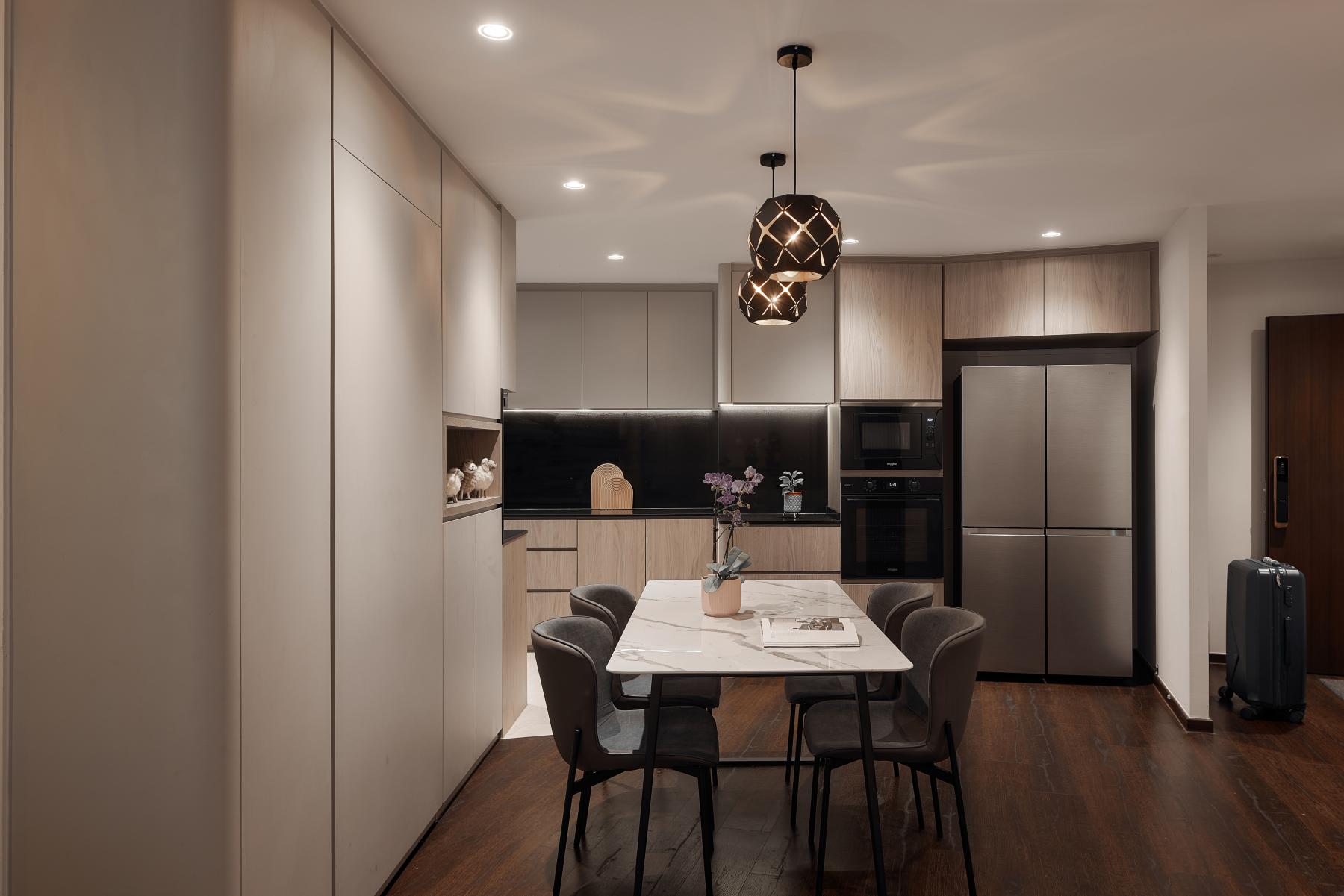 Modern Dining Room with Drop Light and Dining Table