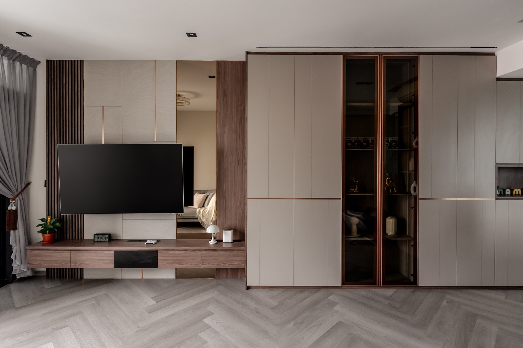 Modern Living Room with Herringbone Tiling and Feature Wall