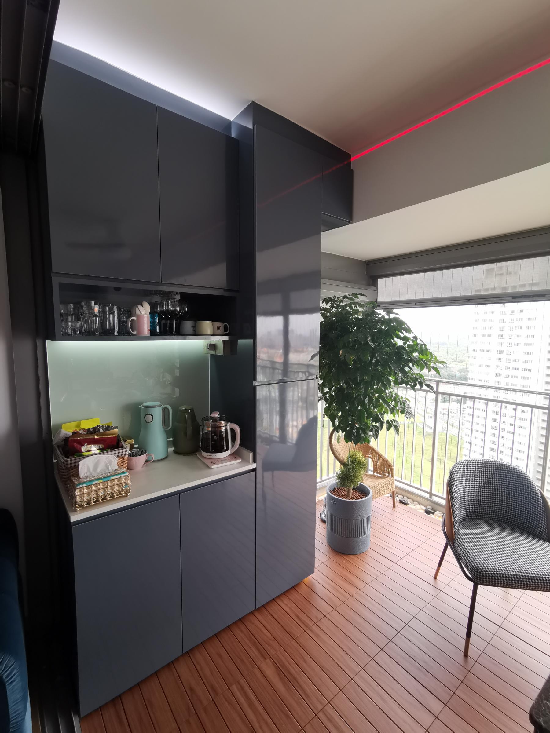 Contemporary Balcony with Curtain and Outdoor Chairs