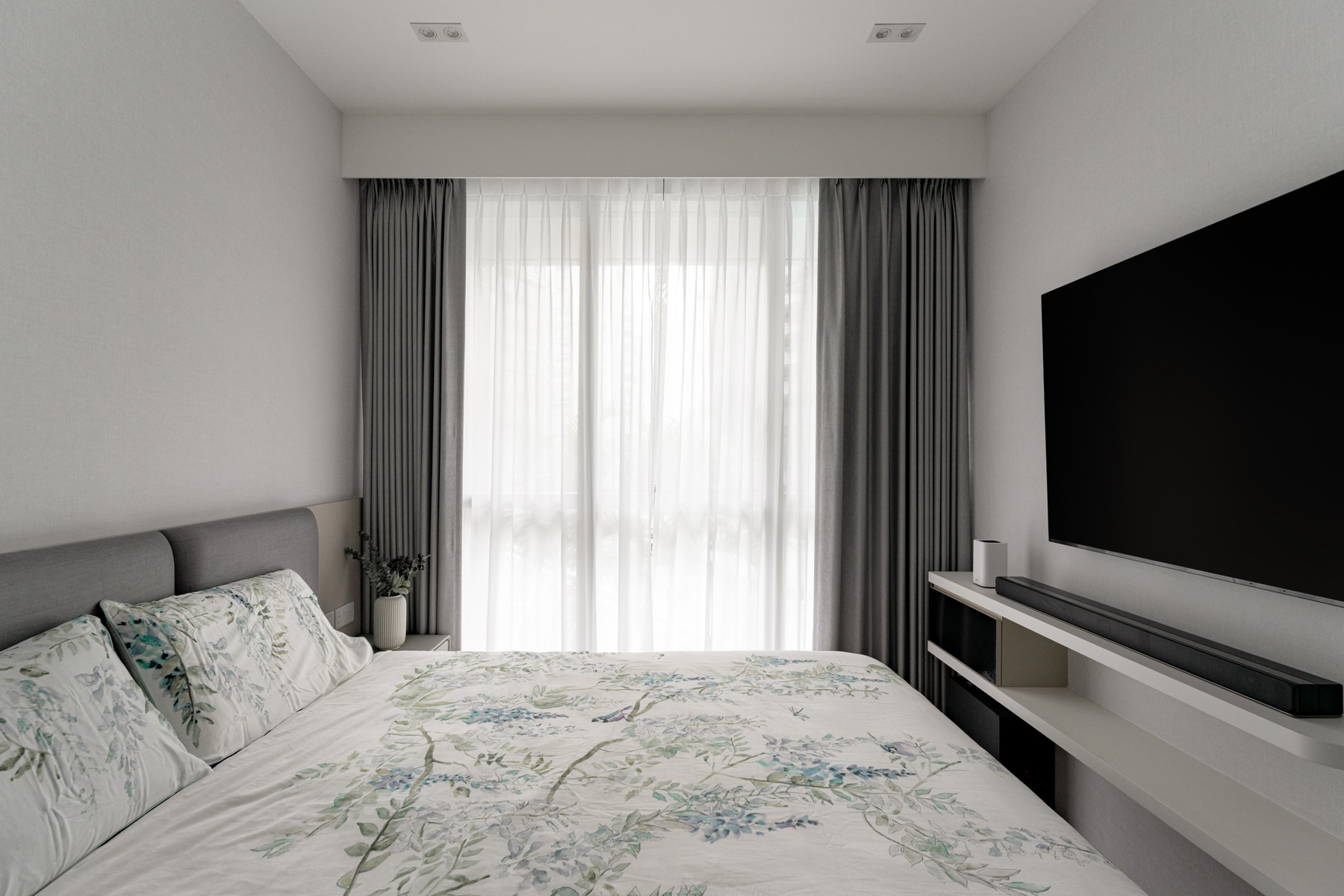 Modern Bedroom with Curtain and Bedside Table