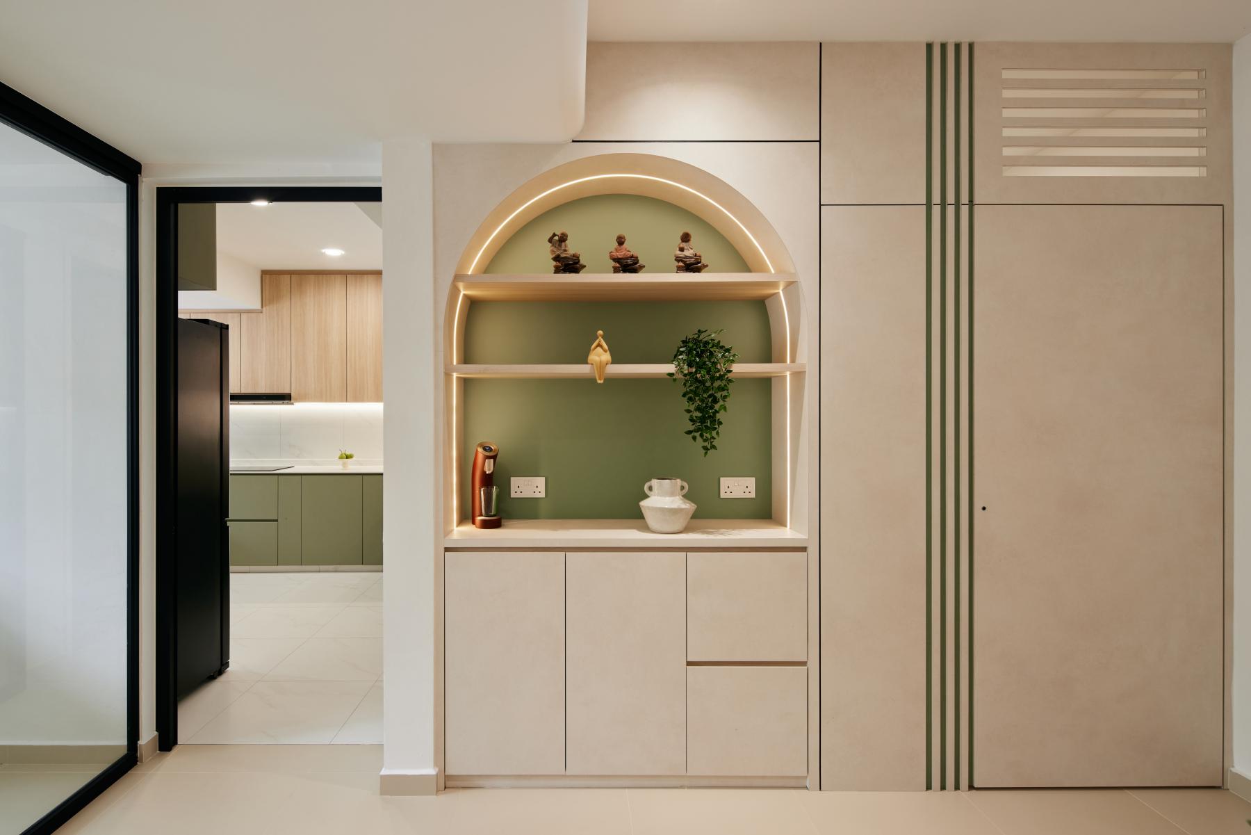 Scandinavian Living Room with Feature Wall and Display Cabinets