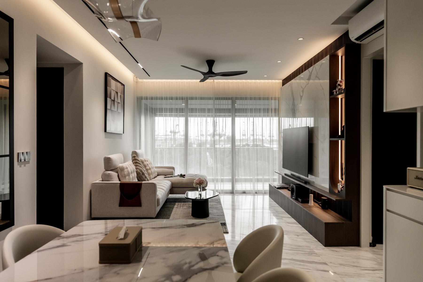 Modern Living Room with Granite Floor and TV Console