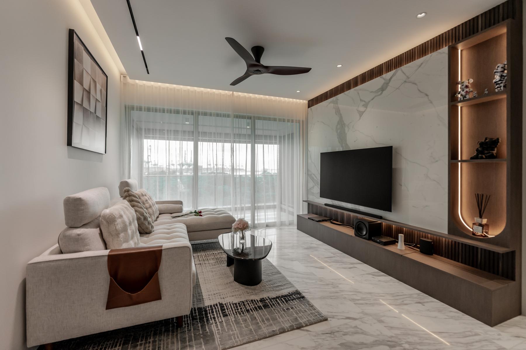 Modern Living Room with Granite Floor and TV Console