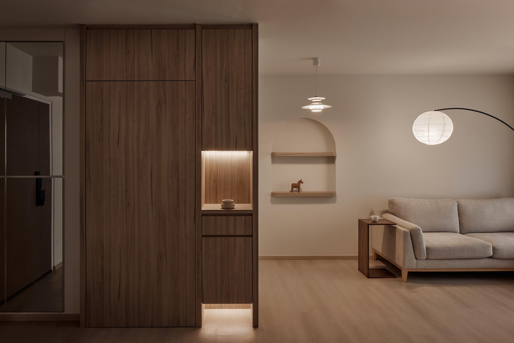 Scandinavian Living Room with Wood Flooring and Shoe Rack