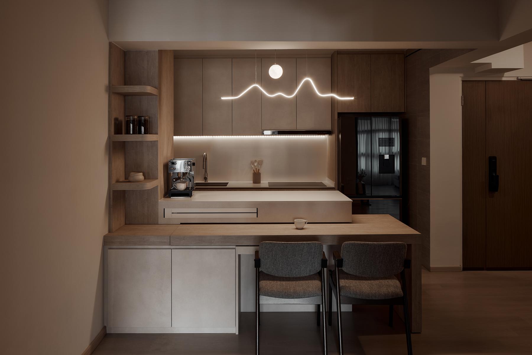 Scandinavian Kitchen with Wood Flooring and Kitchen Island