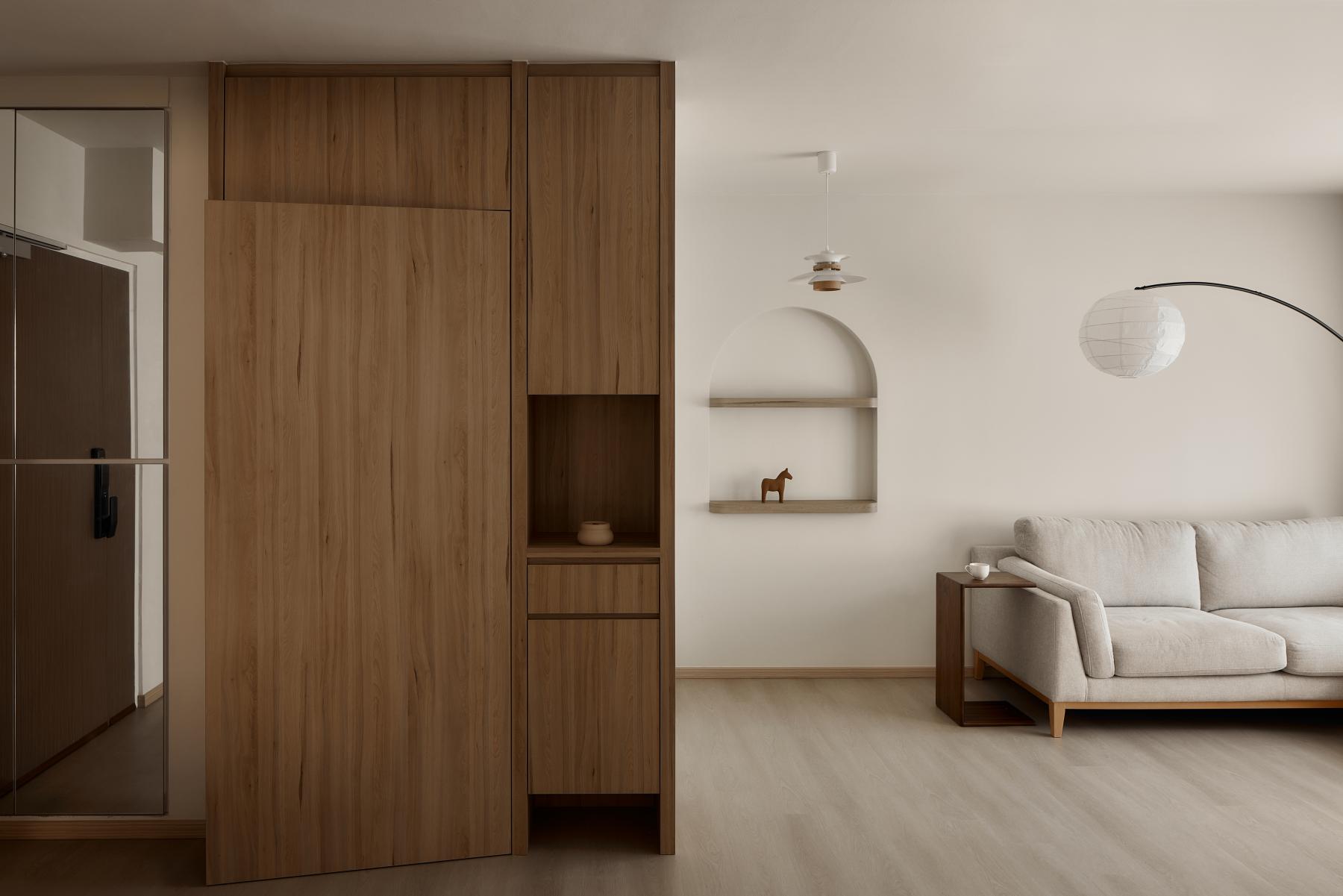 Scandinavian Living Room with Wood Flooring and Shoe Rack