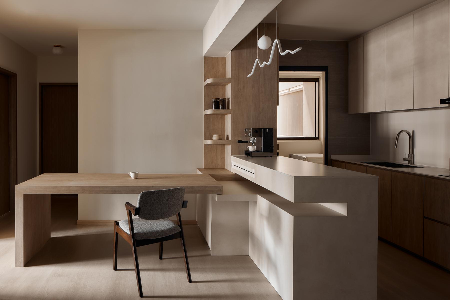 Scandinavian Kitchen with Wood Flooring and Kitchen Island