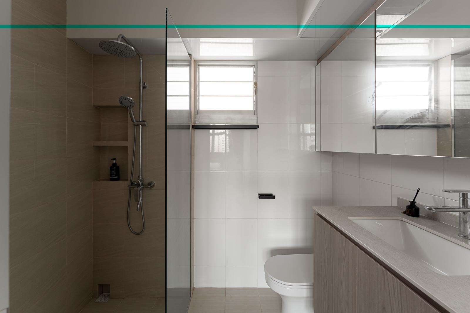 Scandinavian Bathroom with Countertop and Homogeneous Tiles