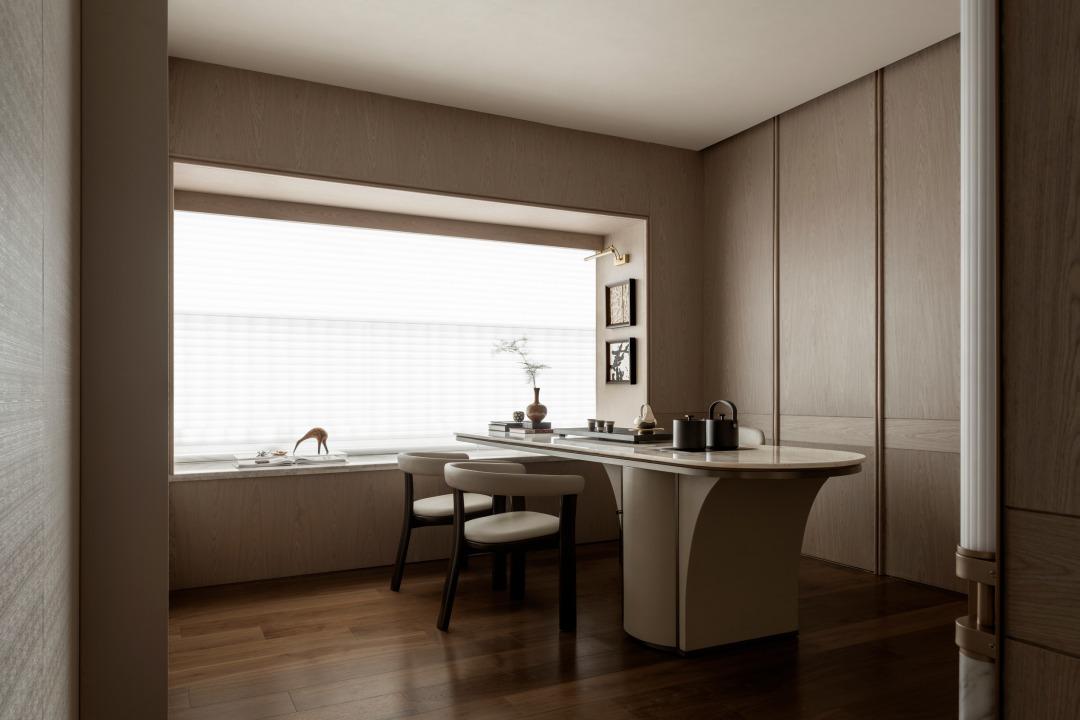 Contemporary Study with Wood Flooring and Bay Window
