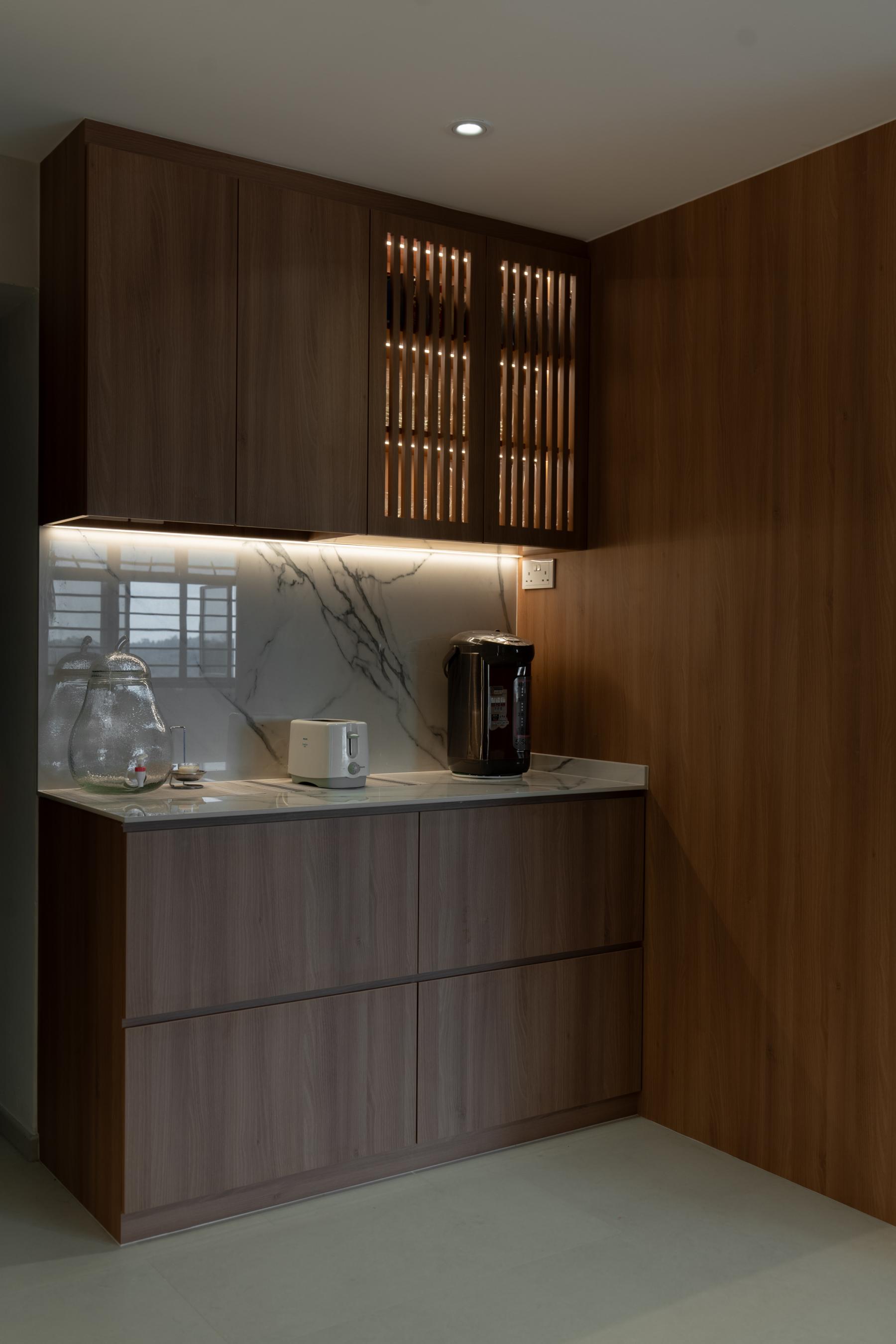 Contemporary Pantry with Kitchen Island and Console Table