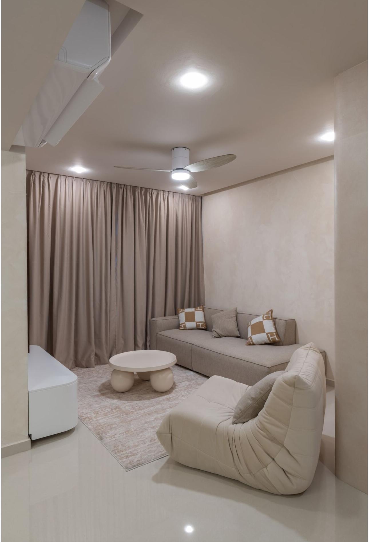 Minimalist Living Room with Homogeneous Tiles and TV Console