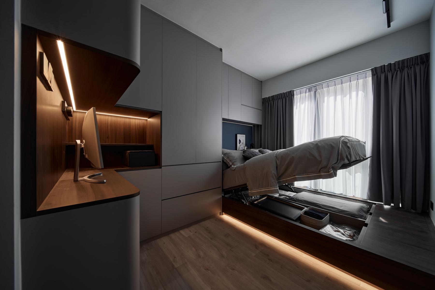 Contemporary Bedroom with Bookshelf and Platform Bed