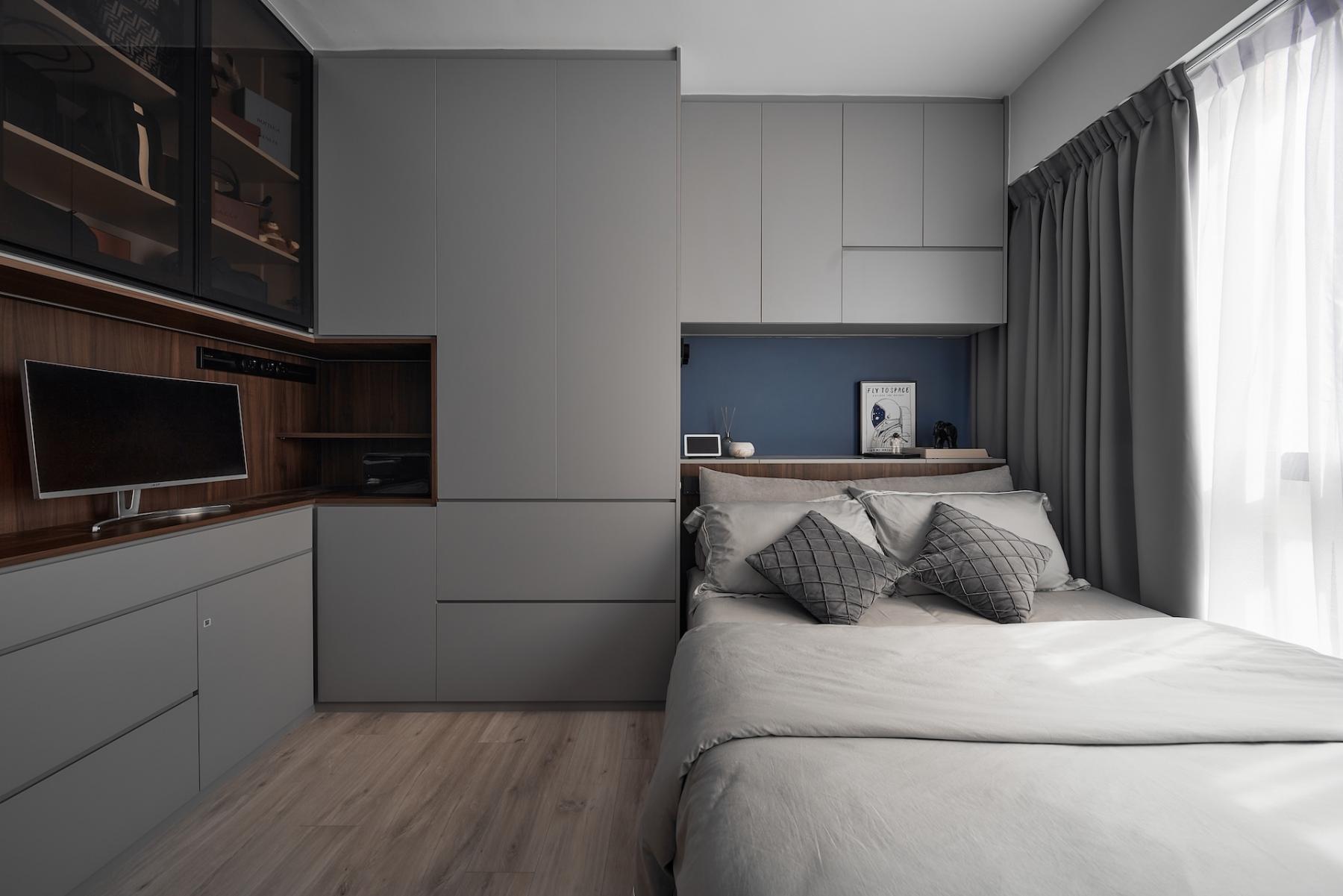 Contemporary Bedroom with Bookshelf and Built-in Bed