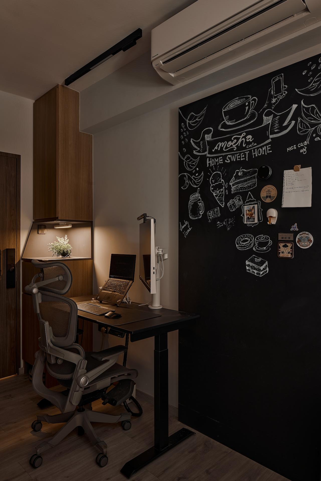 Contemporary Home Office with Wallpaper and Drawer Units