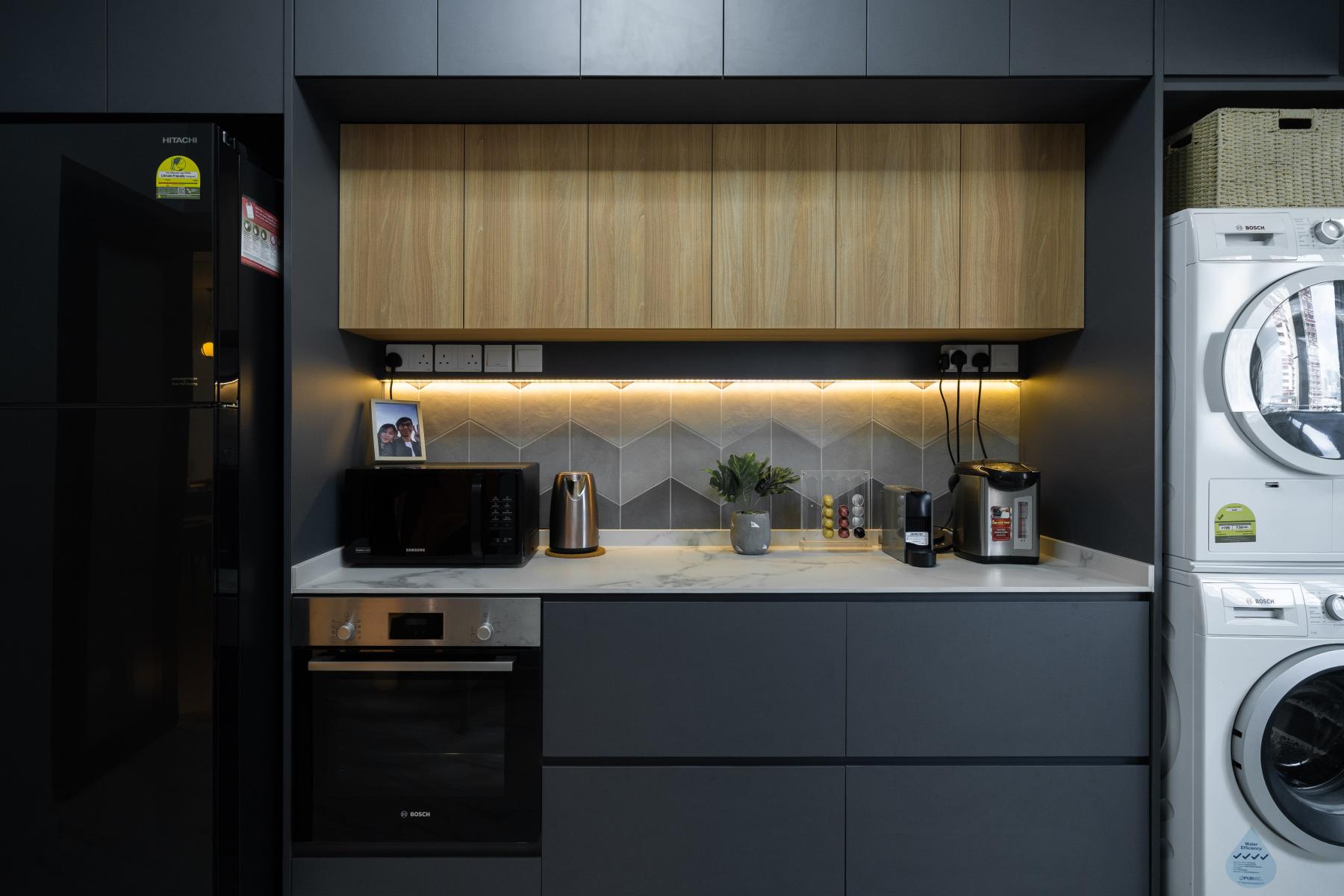 Modern Pantry with Kitchen Island and Tableware