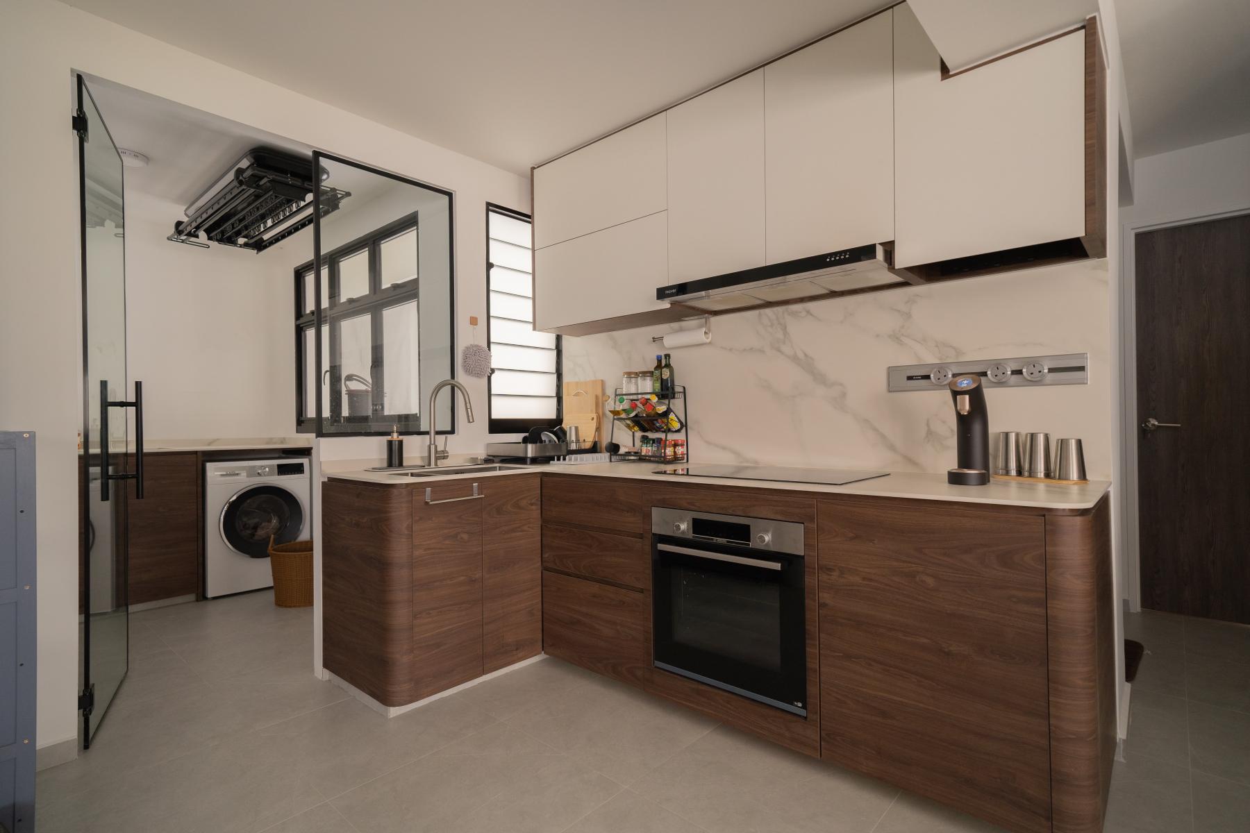 Contemporary Pantry with Kitchen Island and Console Table