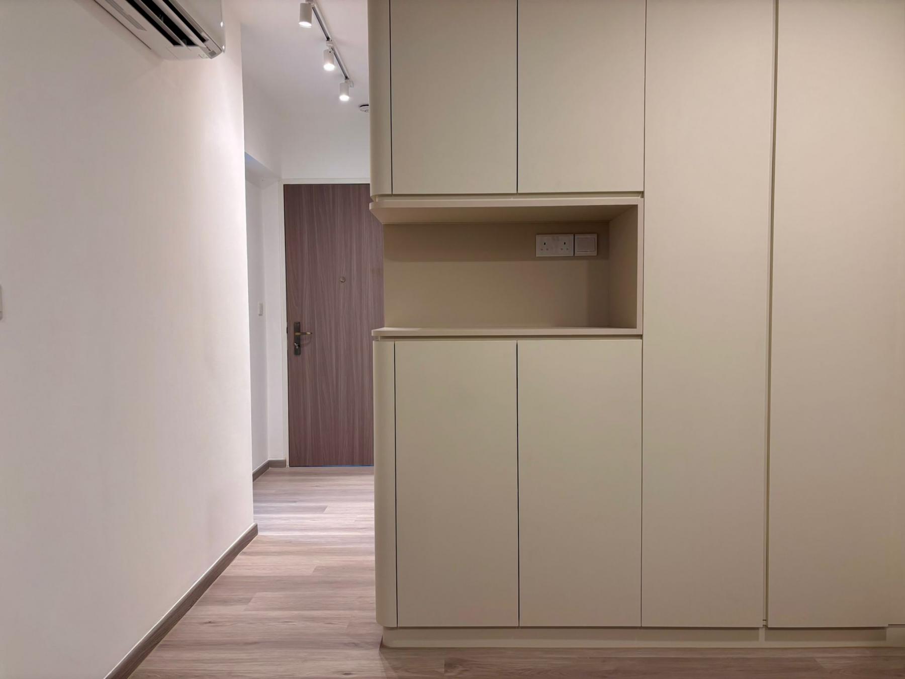 Modern Living Room with Vinyl Flooring and Storage Cabinets