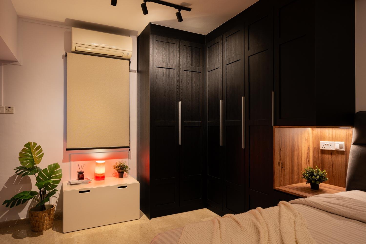 Industrial Bedroom with Vinyl Flooring and Built-in Bed