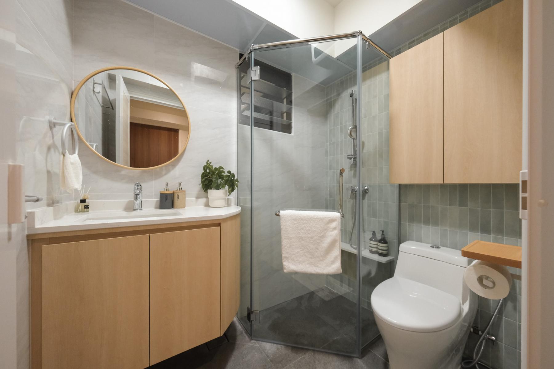 Scandinavian Bathroom with Granite Floor and Mirror