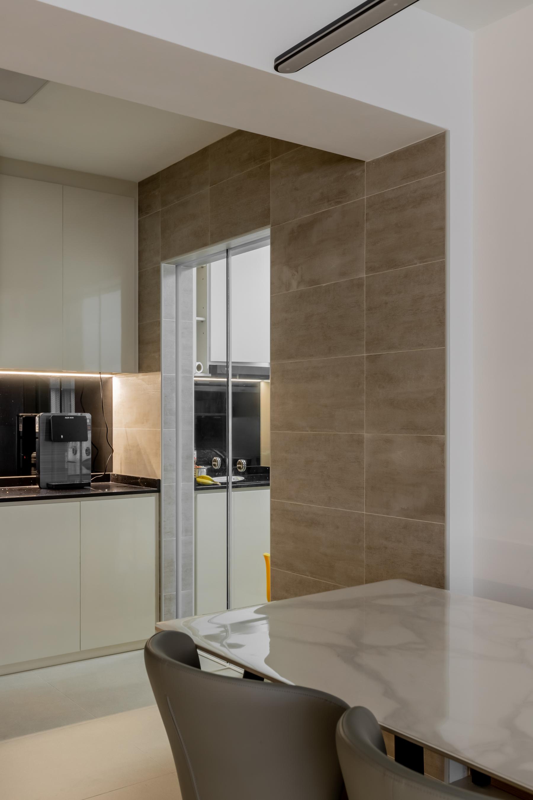 Minimalist Dining Room with Drop Light and Cove Lighting