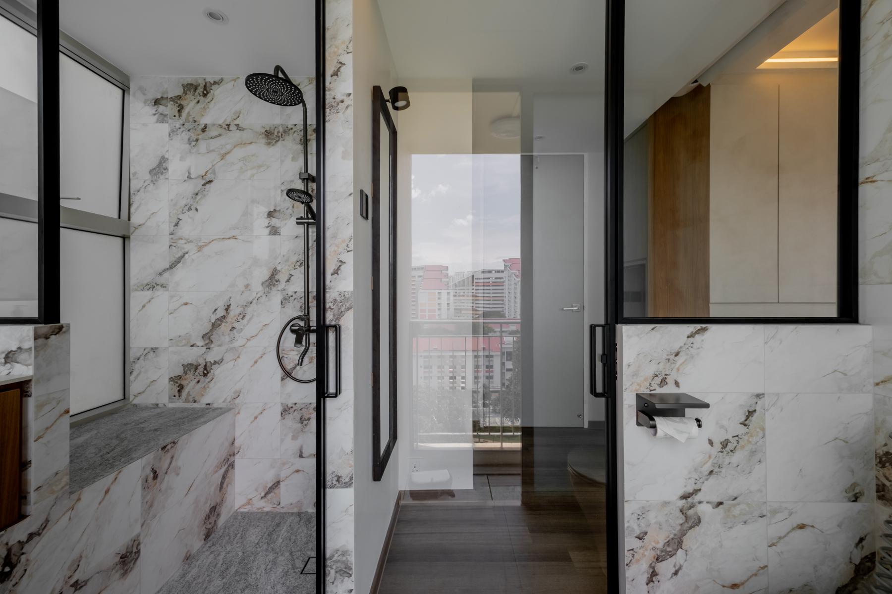 Country Bathroom with Countertop and Granite Floor