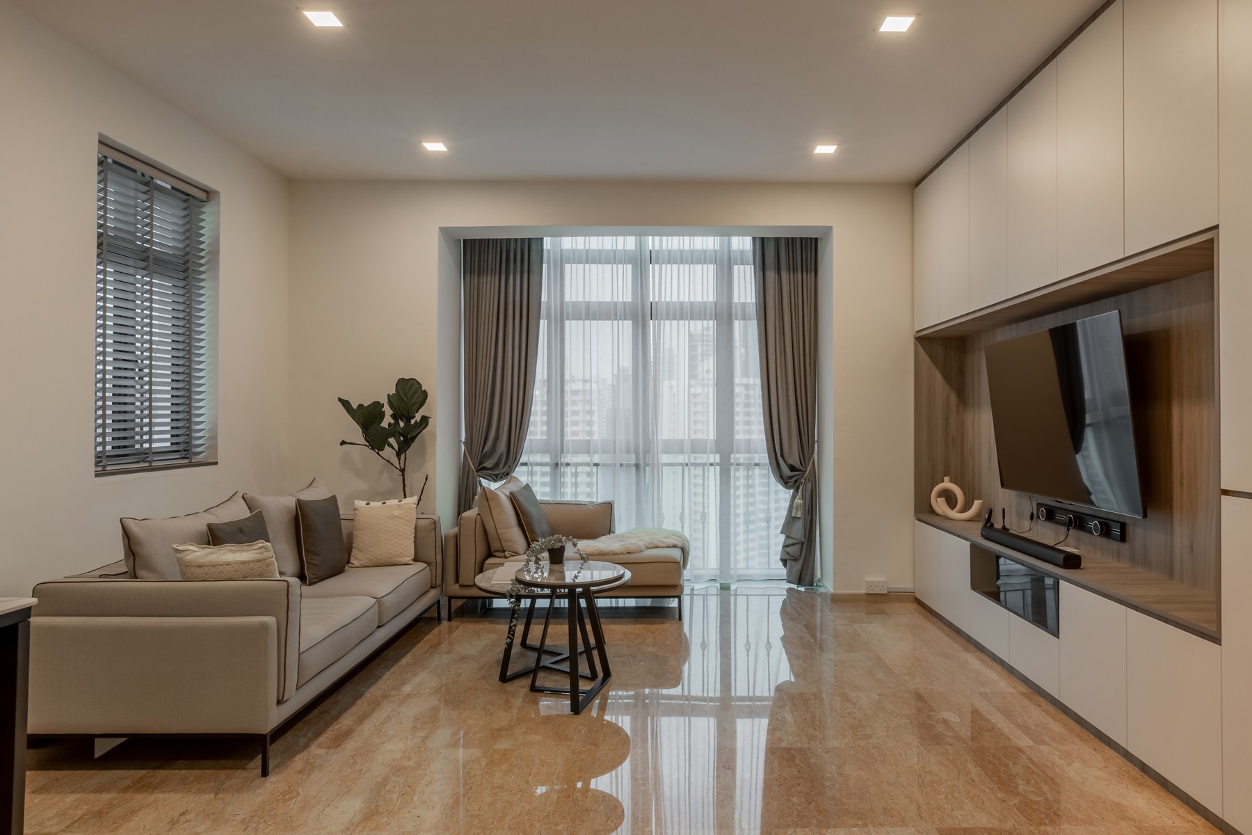 Modern Living Room with TV Console and Curtain