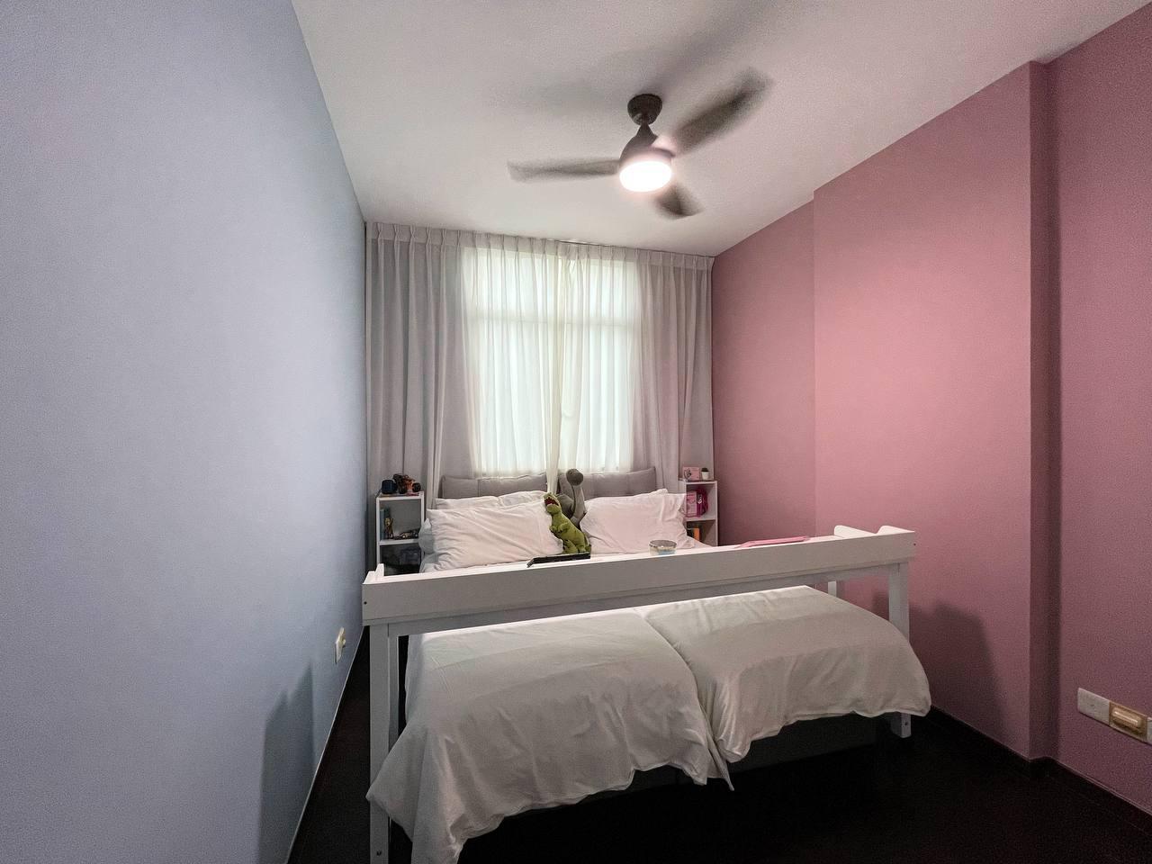 Asian Bedroom with Parquet Floor and Ceiling Fan