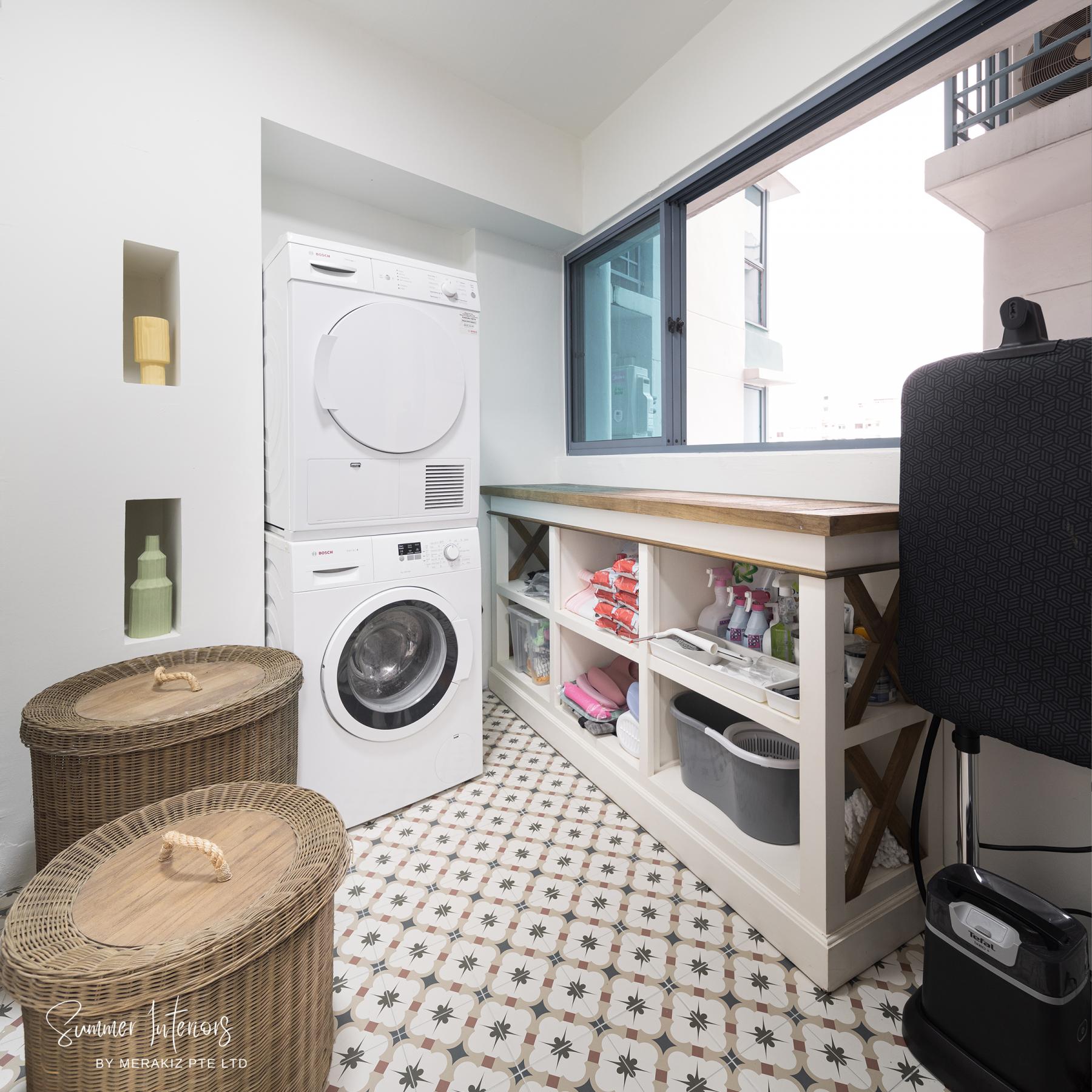 Modern Service Yard with Homogeneous Tiles and Washing Machine