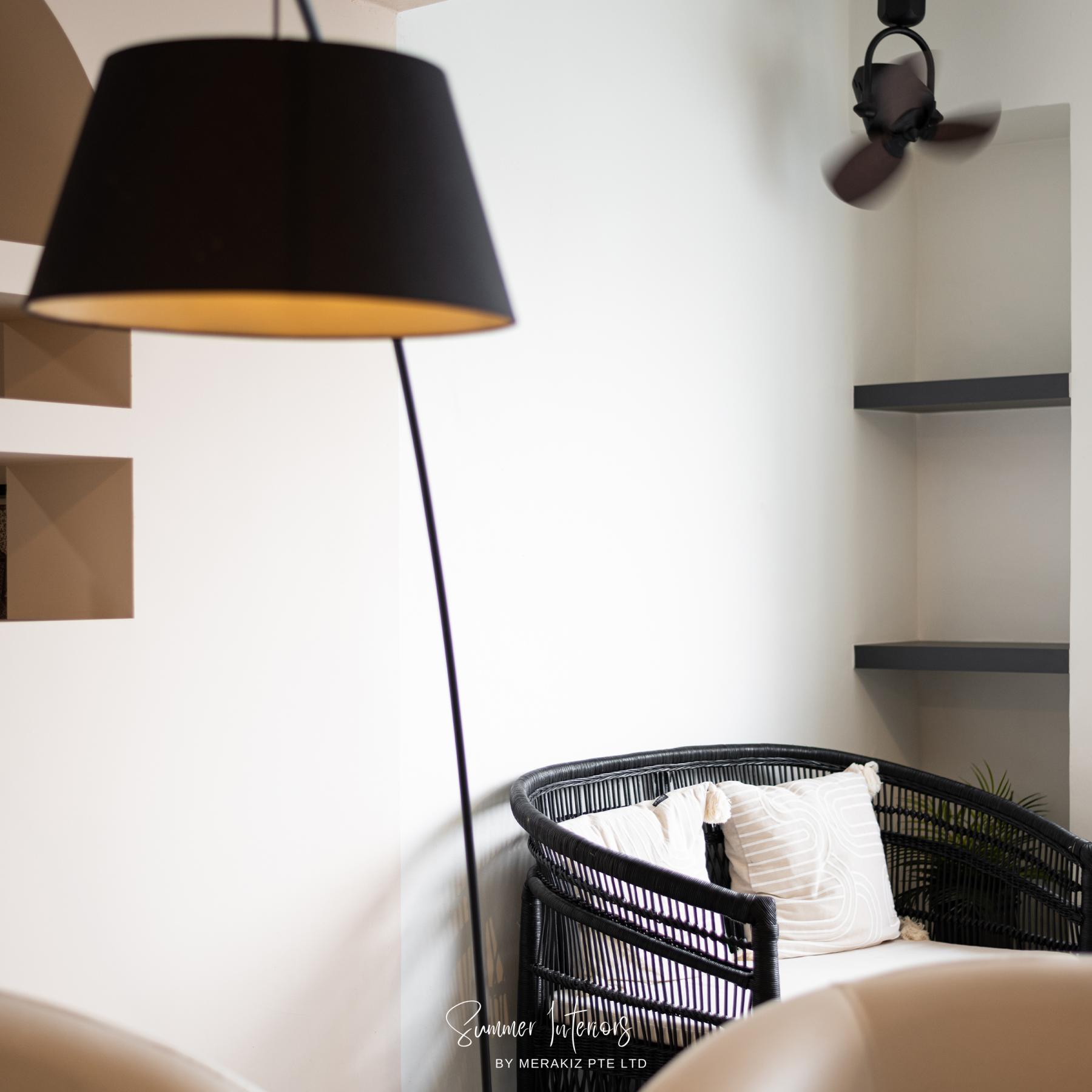 Modern Living Room with Bookshelf and Ceiling Fan