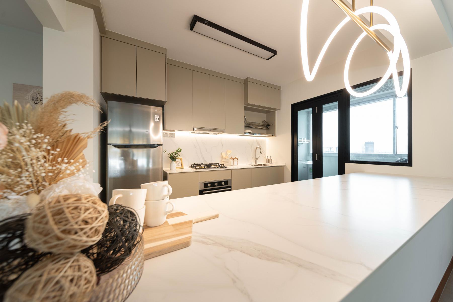 Contemporary Kitchen with Countertop and Glass Door