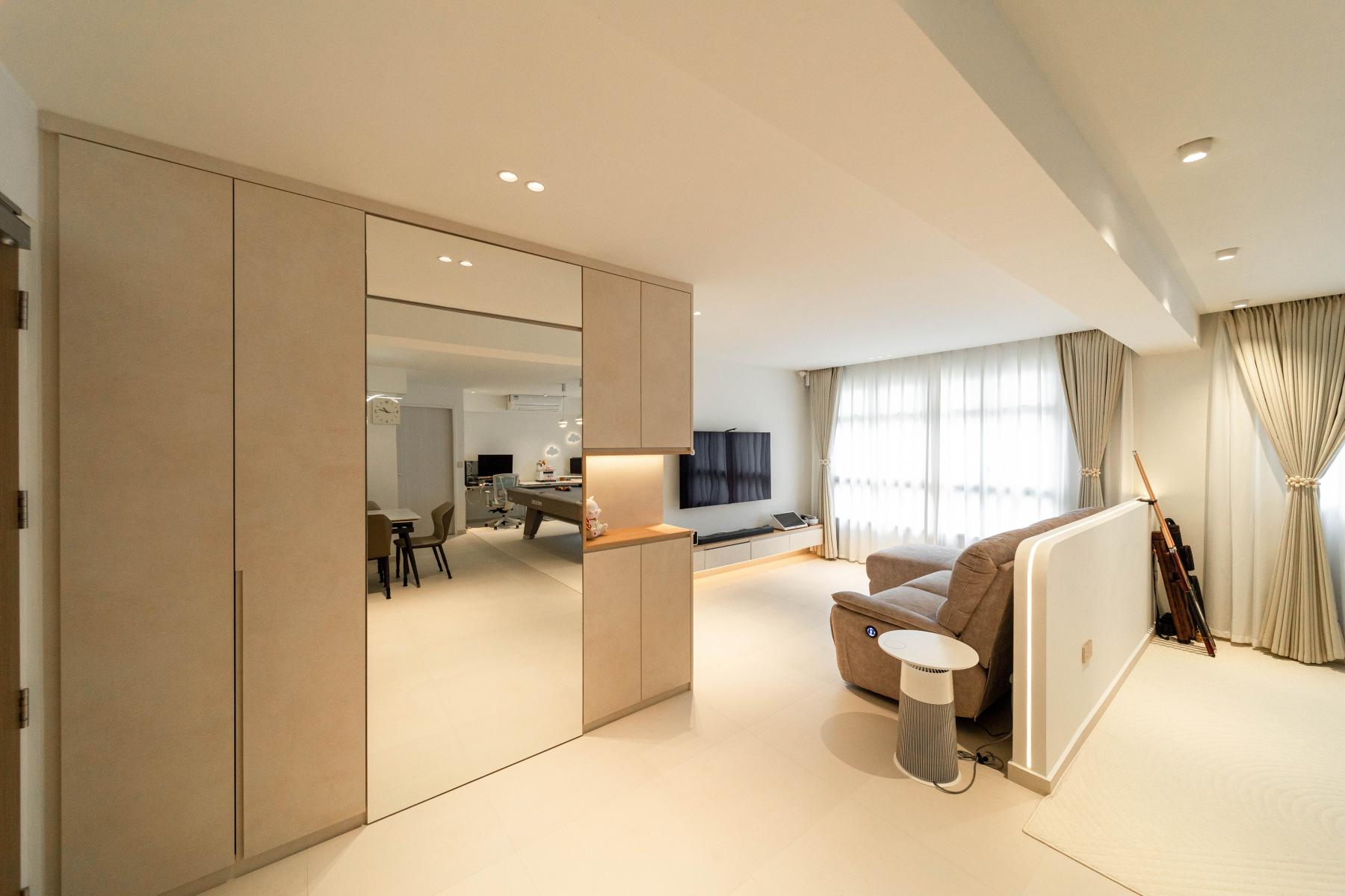 Minimalist Living Room with Homogeneous Tiles and TV Console