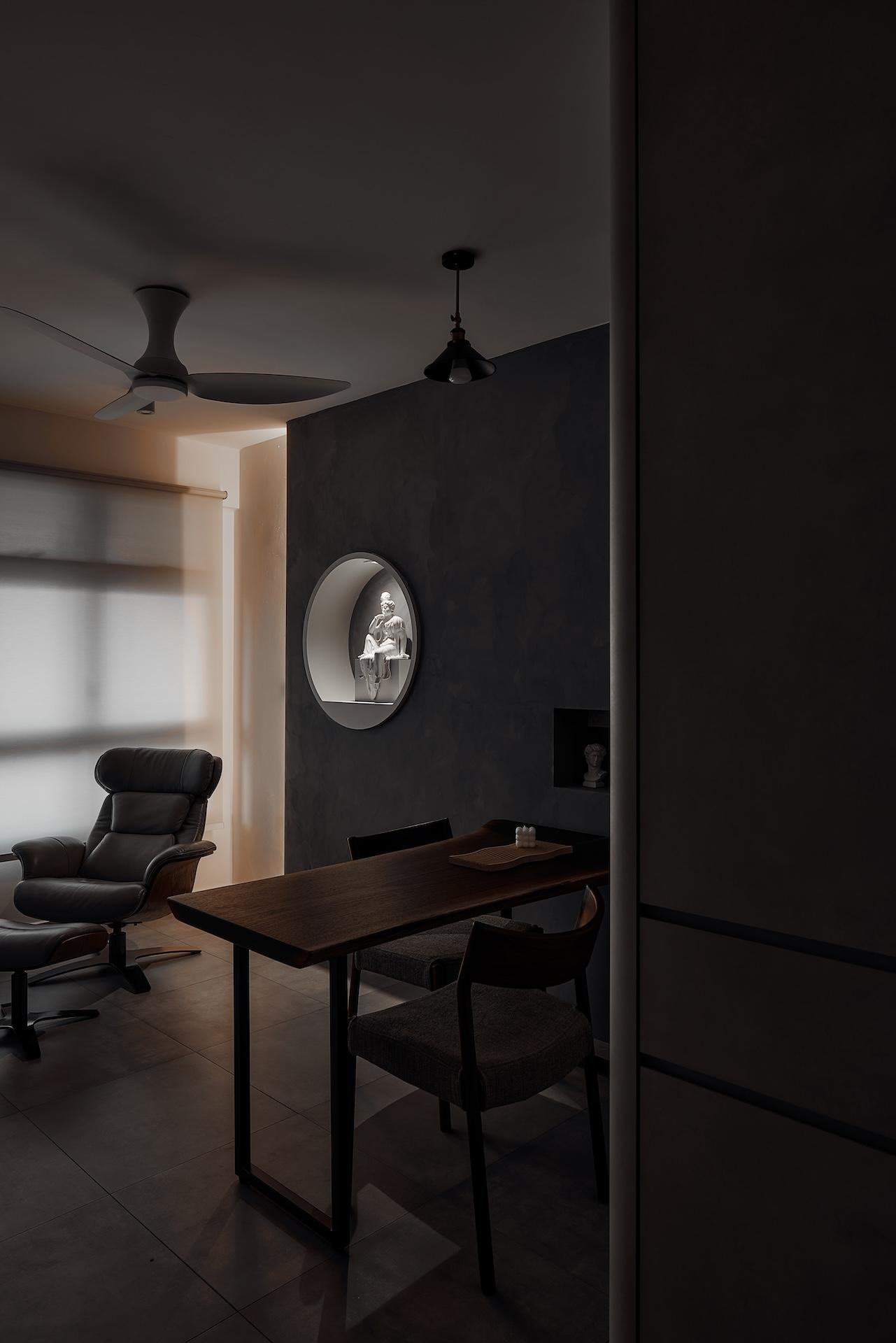 Industrial Living Room with Cement Floor and Cove Lighting