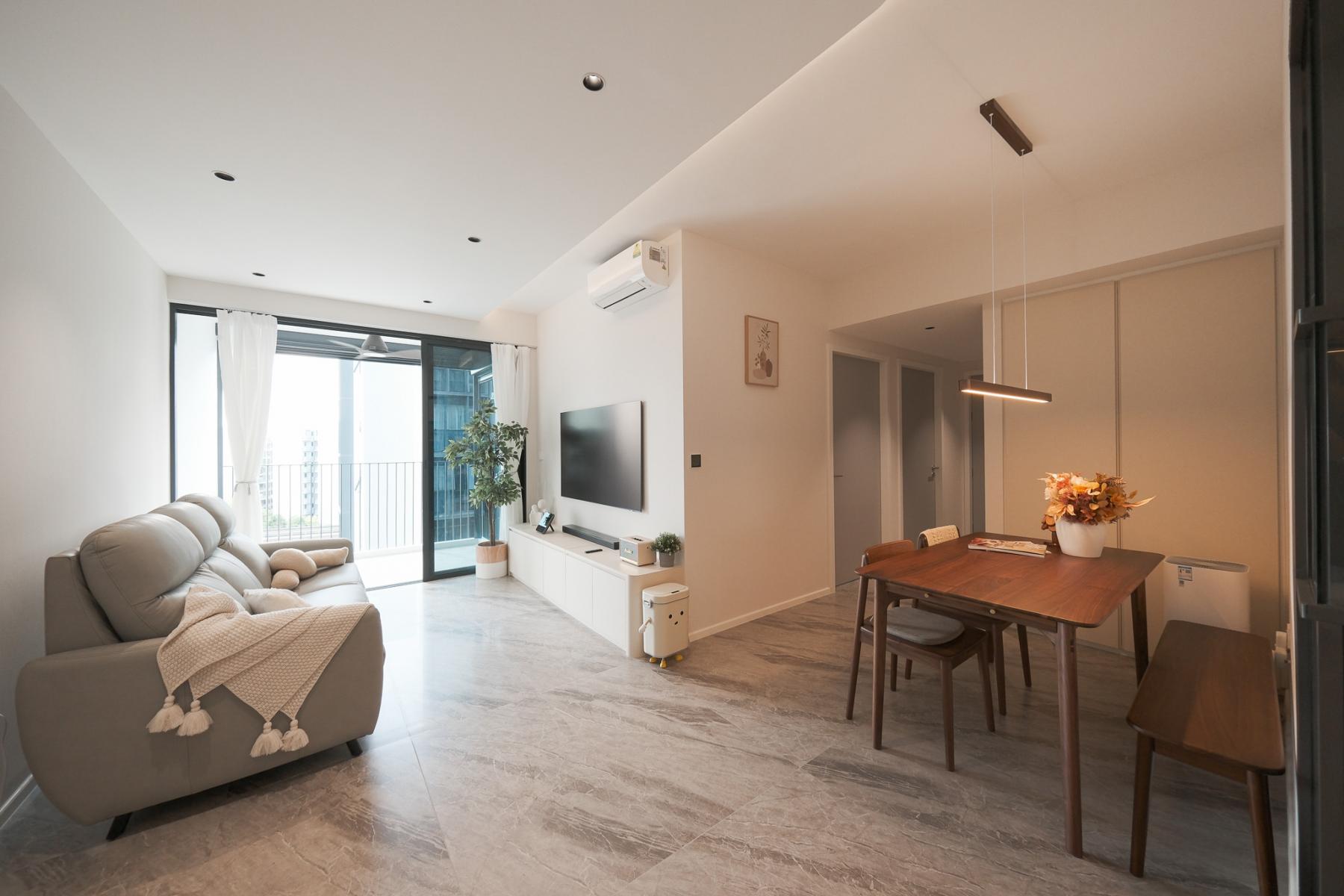 Contemporary Living Room with Feature Wall and Drop Light