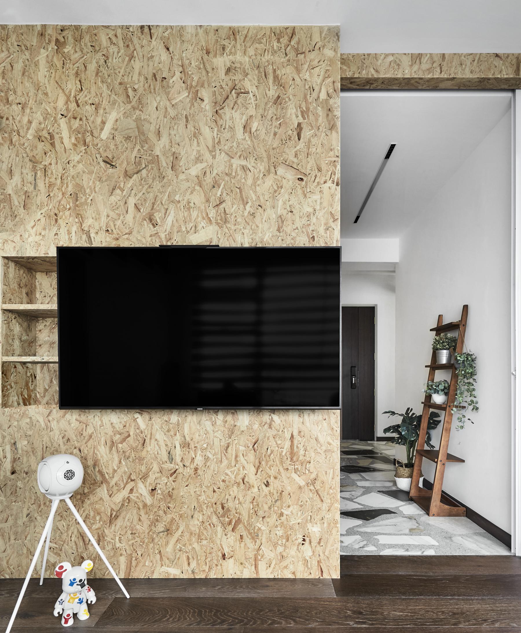 Contemporary Living Room with Homogeneous Tiles and Wood Flooring