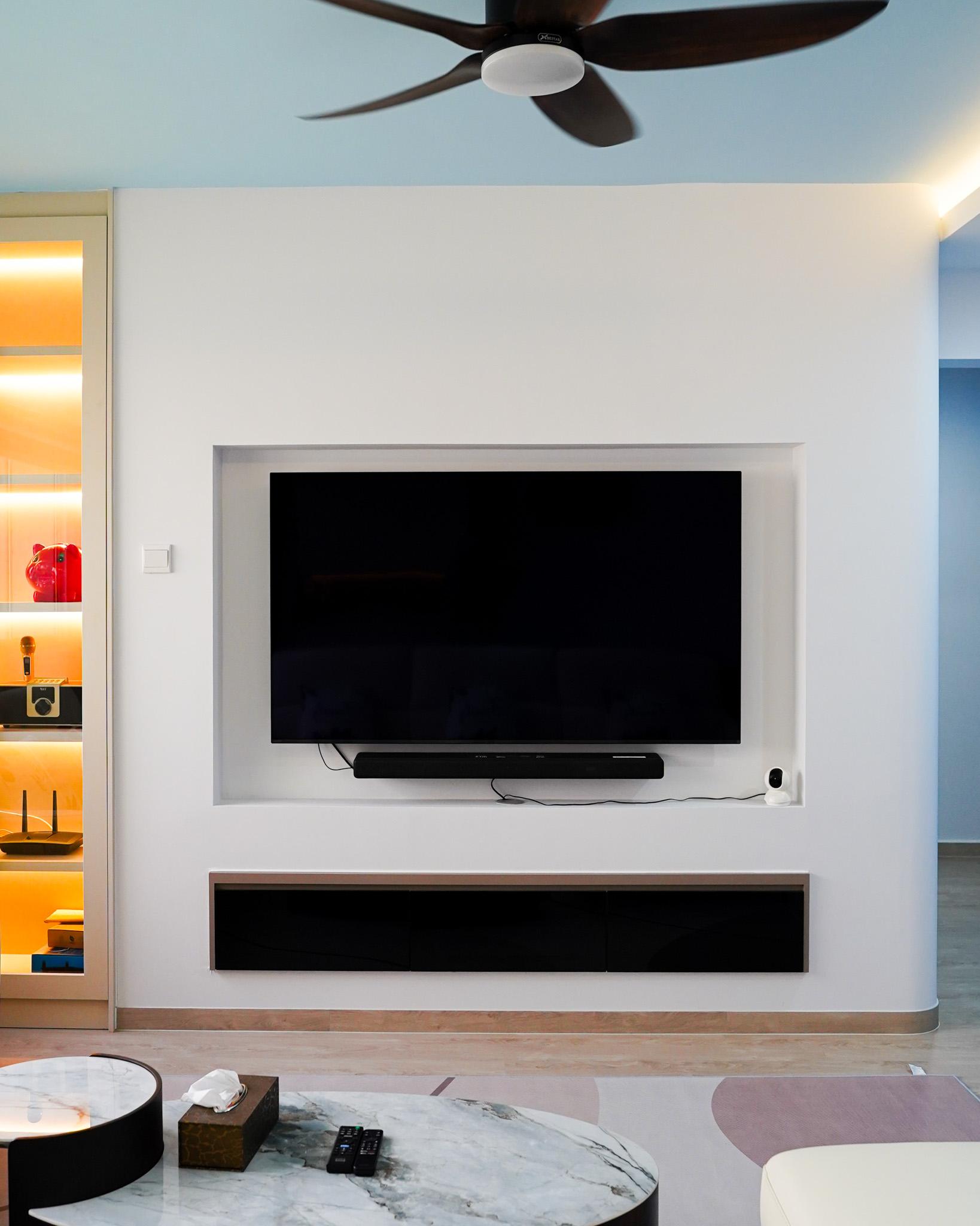 Modern Living Room with Vinyl Flooring and Feature Wall
