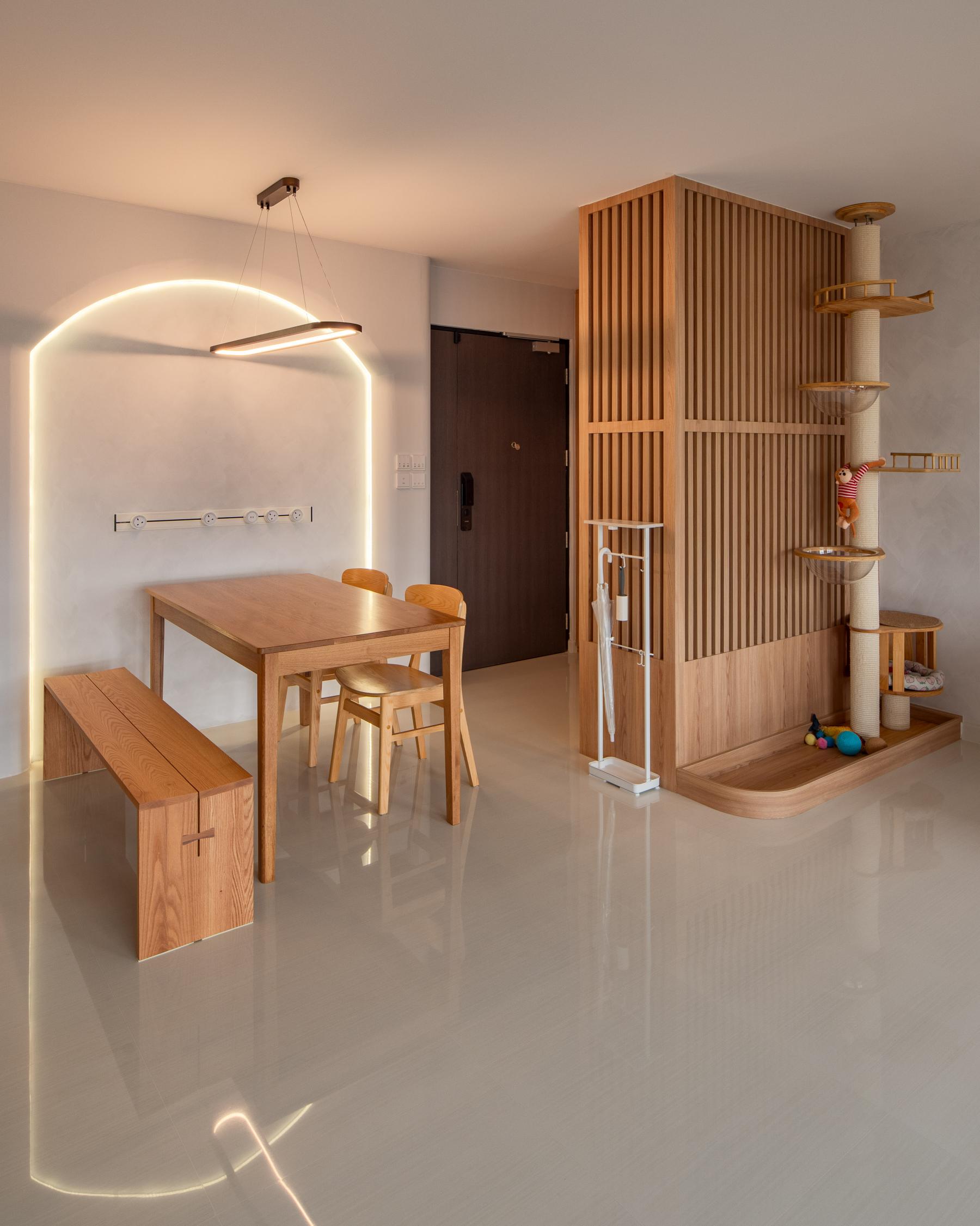 Minimalist Dining Room with Drop Light and Cove Lighting