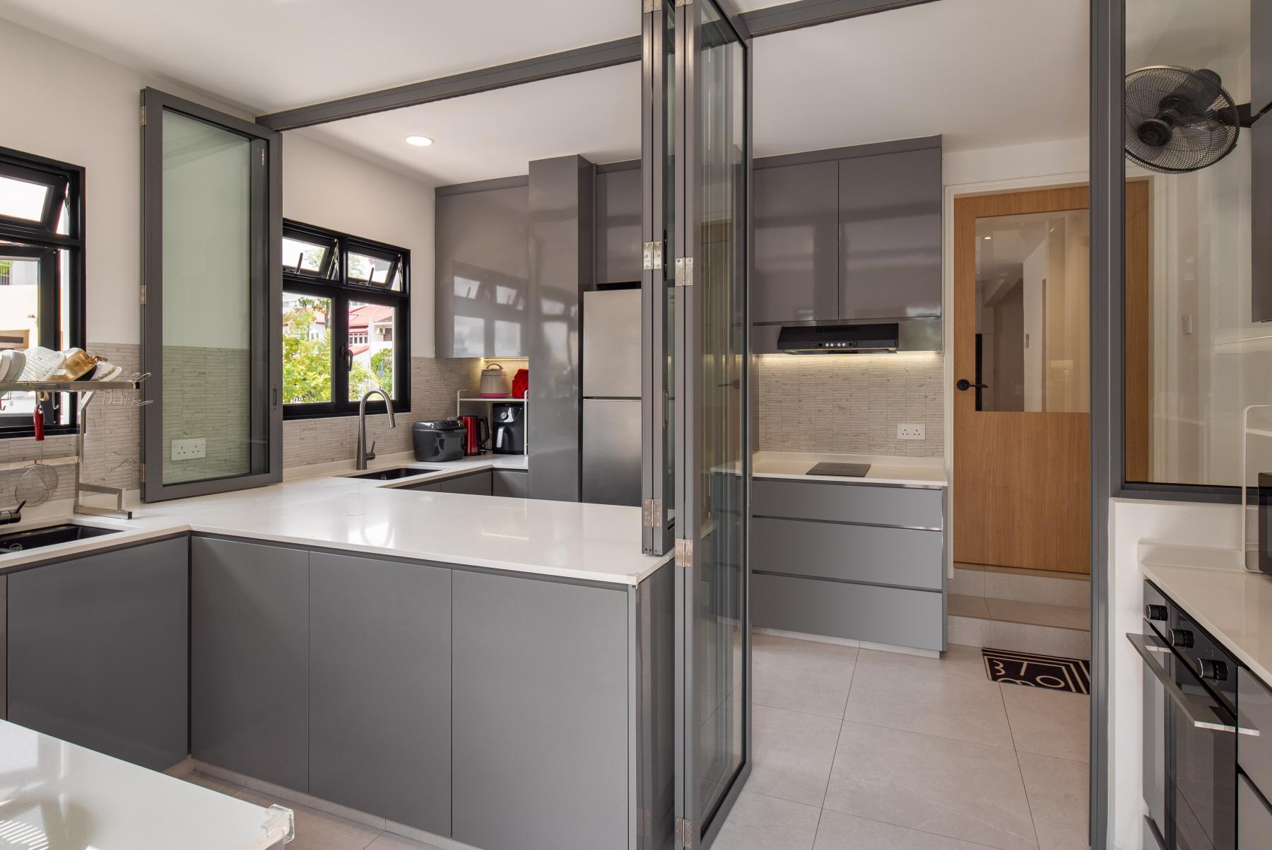 Asian Kitchen with Countertop and Homogeneous Tiles