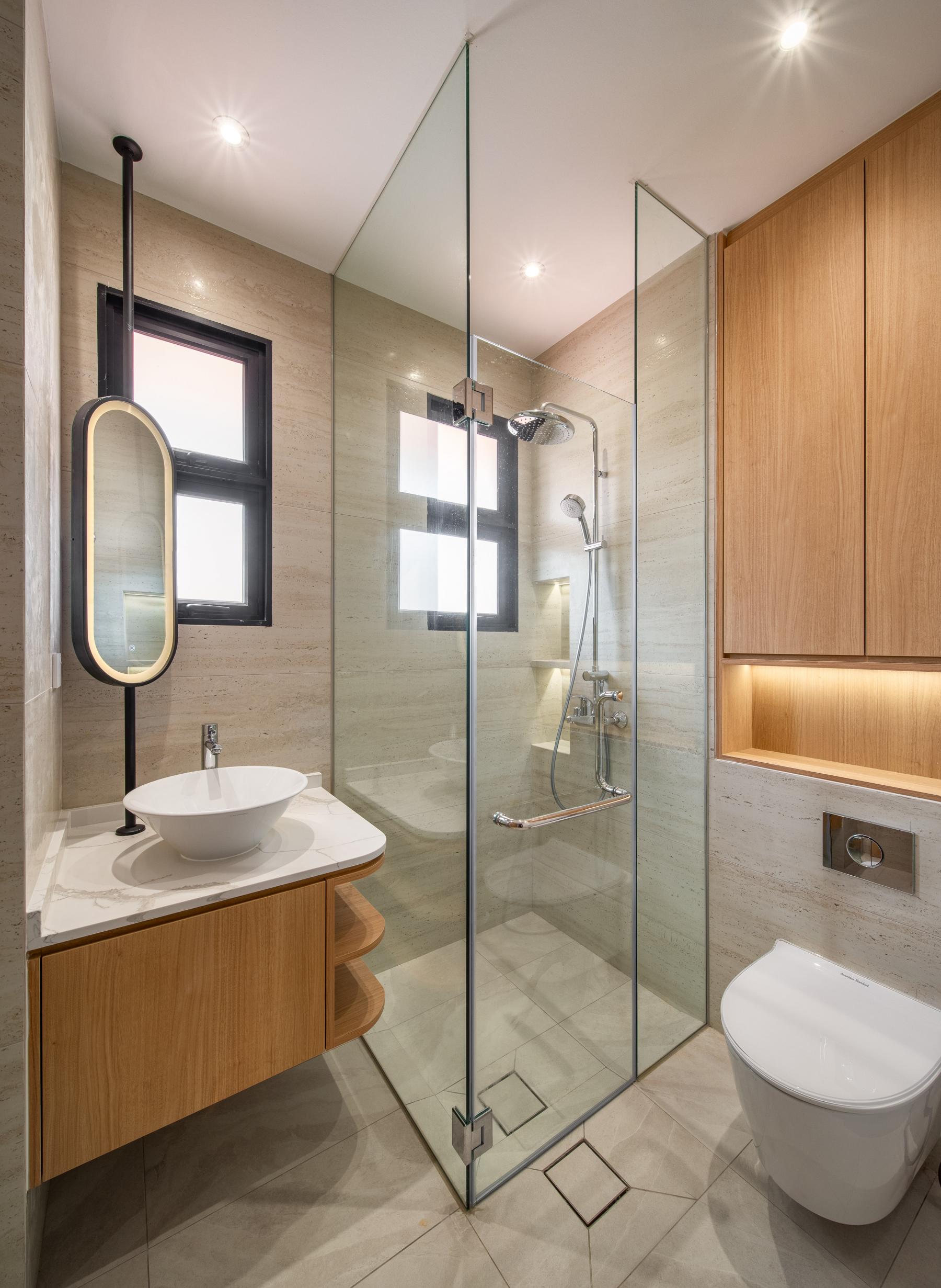 Asian Bathroom with Countertop and Homogeneous Tiles