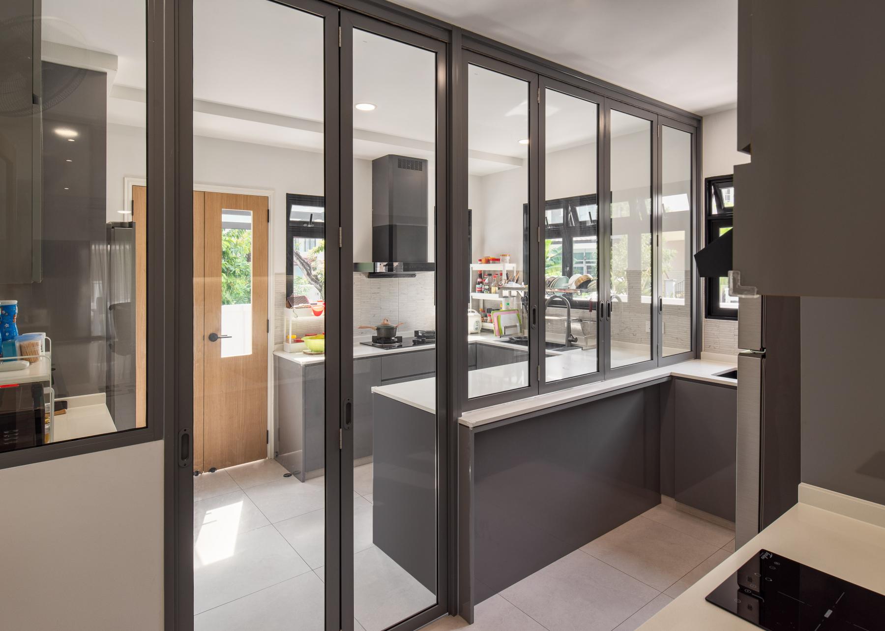 Asian Kitchen with Countertop and Homogeneous Tiles