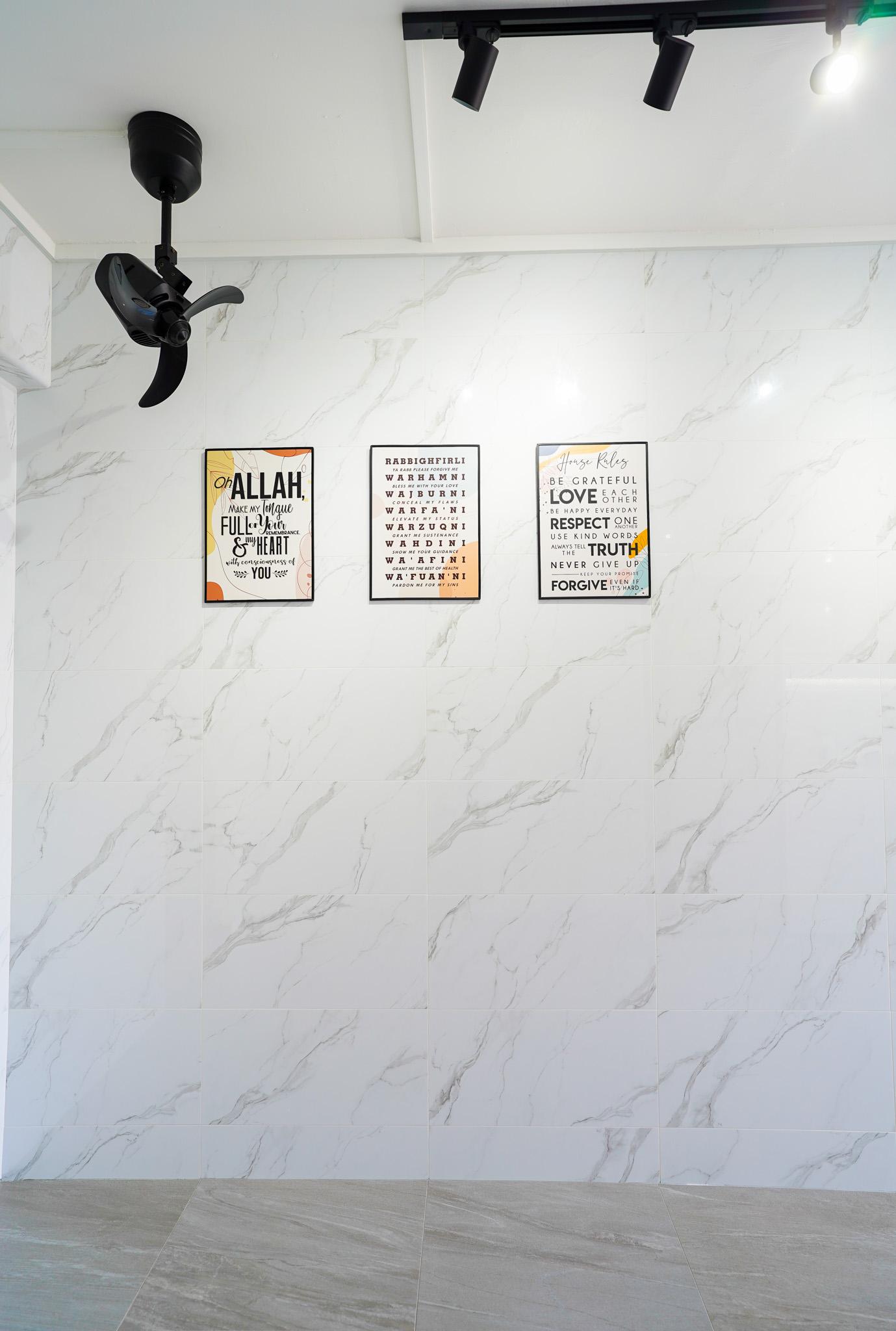 Minimalist Kitchen with Homogeneous Tiles and Propeller Fan